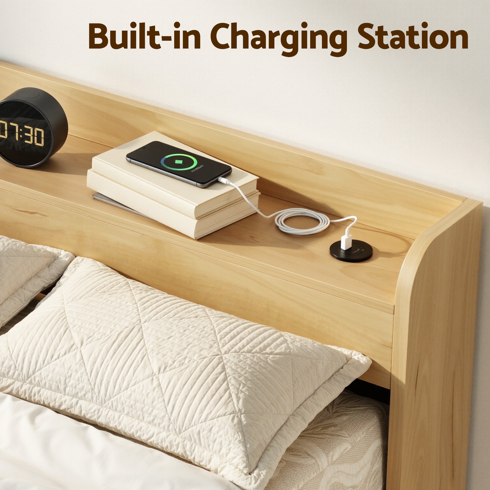 Artiss King Single Bed Frame with 2 Drawers Platform Bed with Headboard Bed Base with USB Ports Natural Bedworld