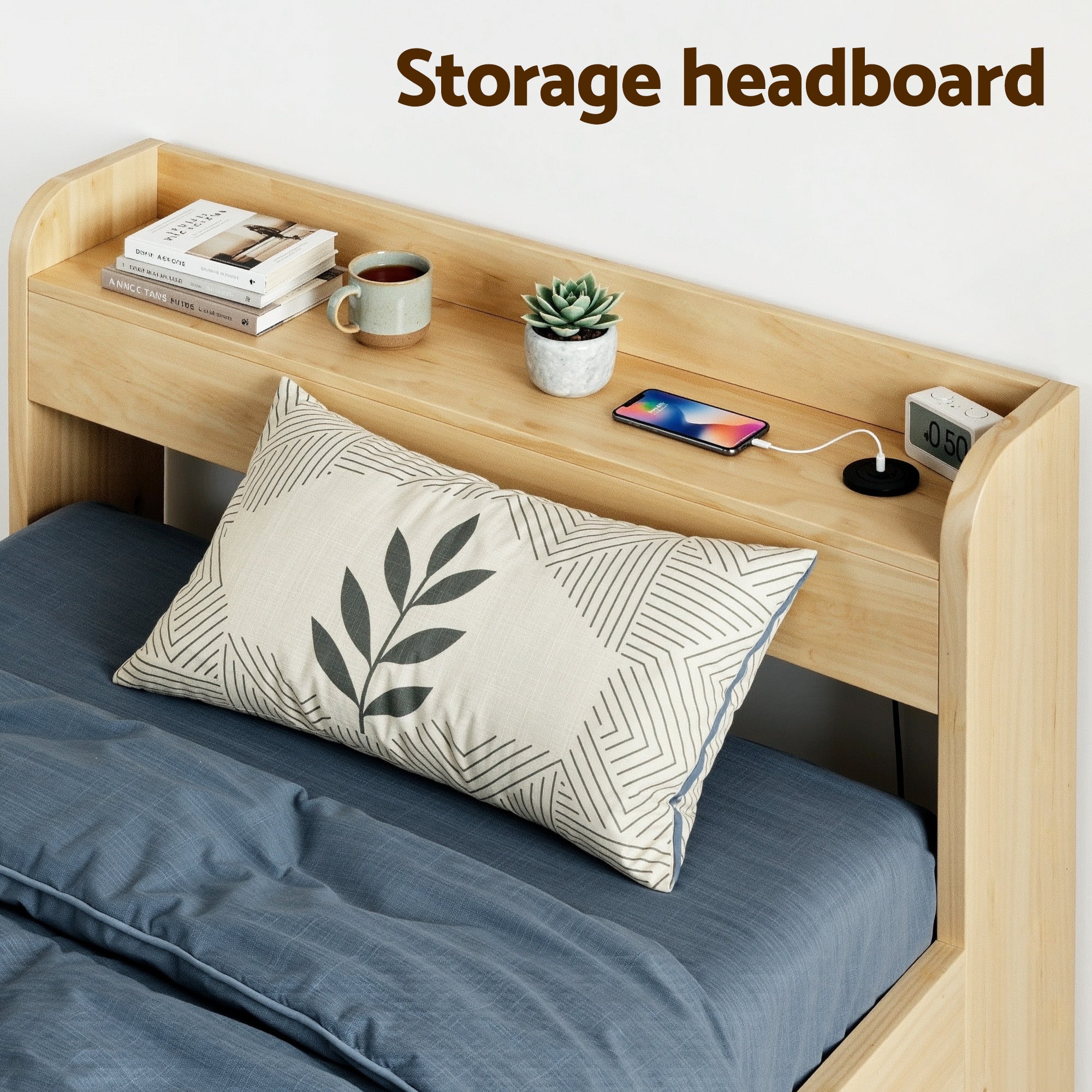 Artiss King Single Bed Frame with 2 Drawers Platform Bed with Headboard Bed Base with USB Ports Natural Bedworld