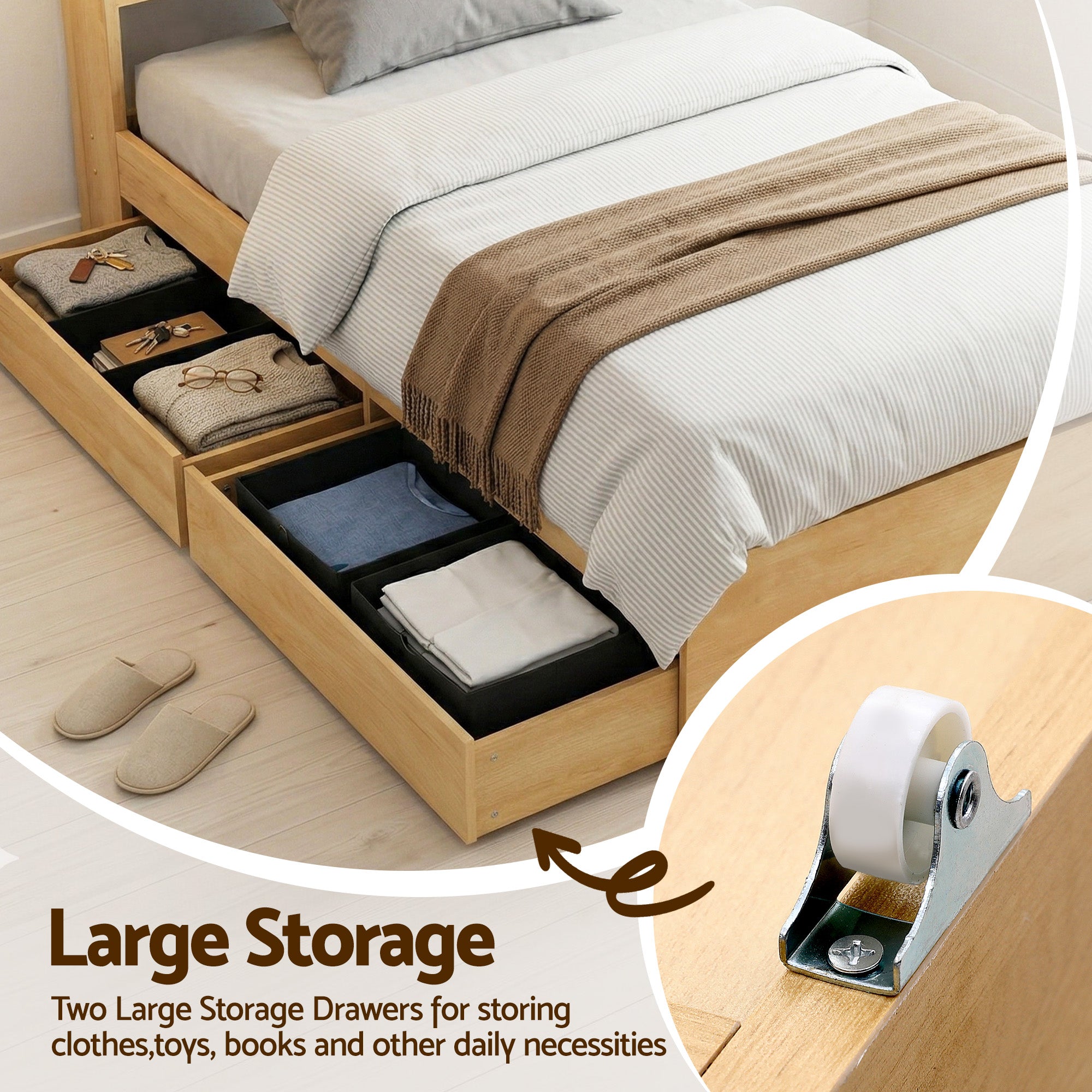 Artiss King Single Bed Frame with 2 Drawers Platform Bed with Headboard Bed Base with USB Ports Natural Bedworld