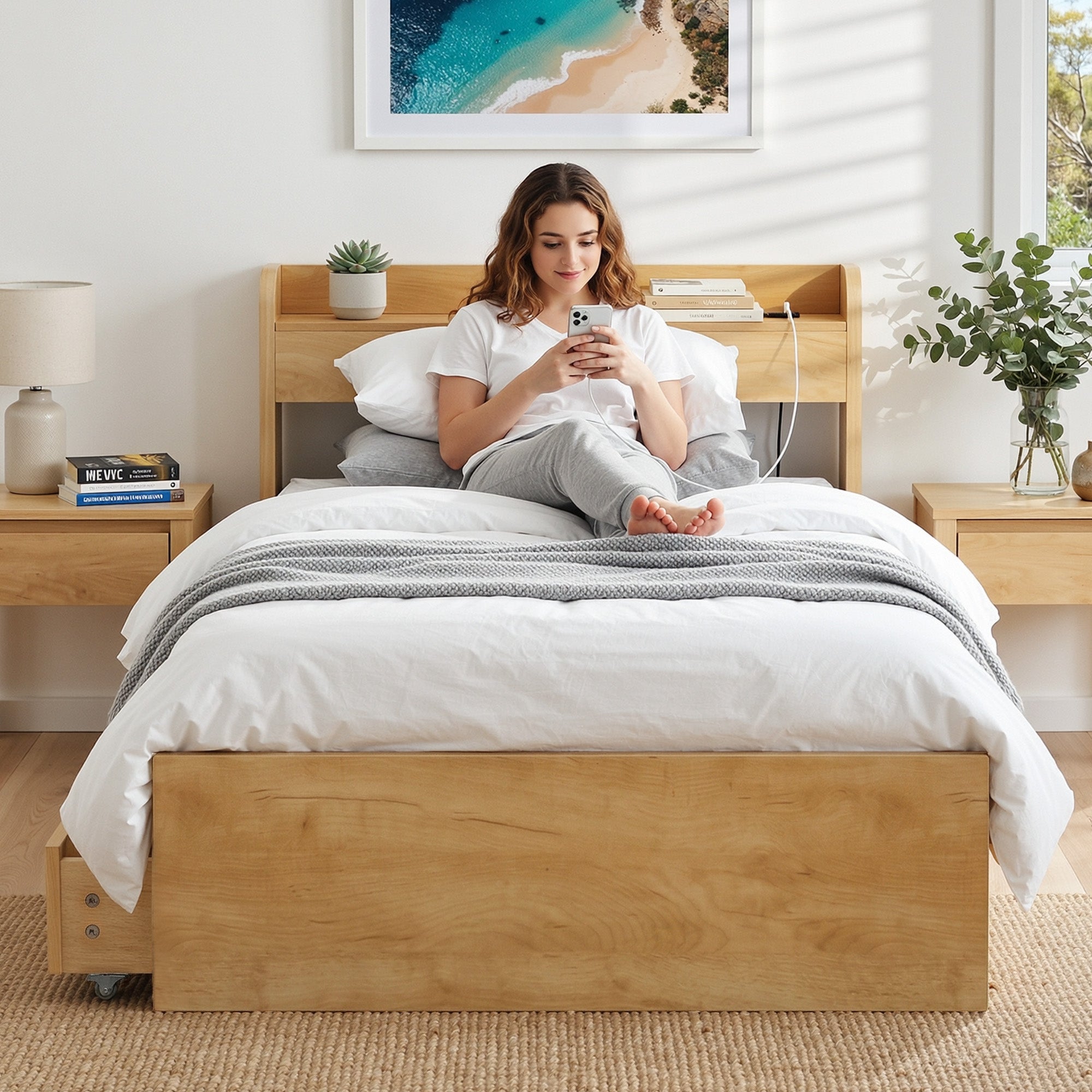 Artiss King Single Bed Frame with 2 Drawers Platform Bed with Headboard Bed Base with USB Ports Natural Bedworld