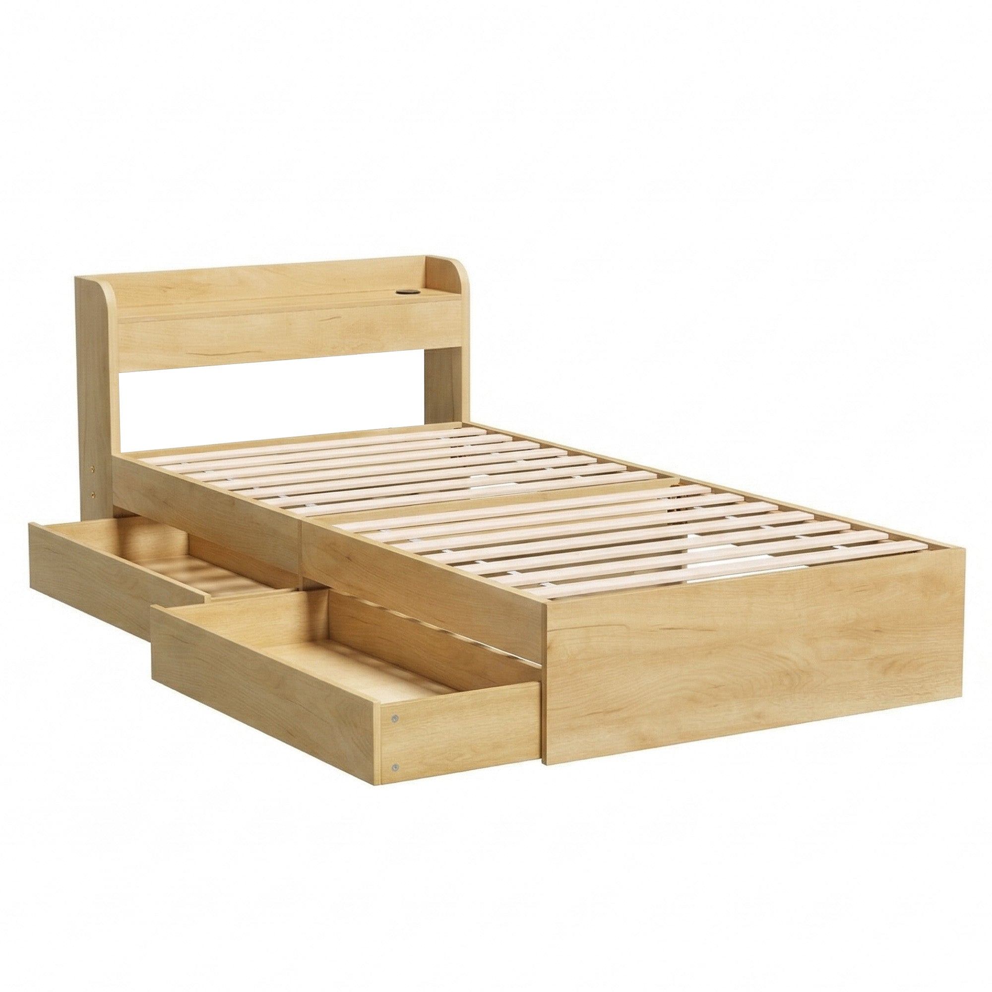 Artiss King Single Bed Frame with 2 Drawers Platform Bed with Headboard Bed Base with USB Ports Natural Bedworld