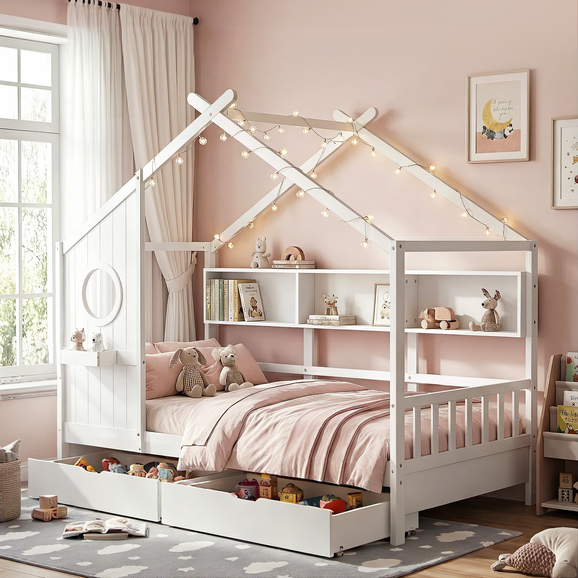Artiss Kids Single Bed Frame with 3 Storage Bookcase & 2 Drawers House Bed Solid Wood Montessori Bed Easy Assembly White Bedworld