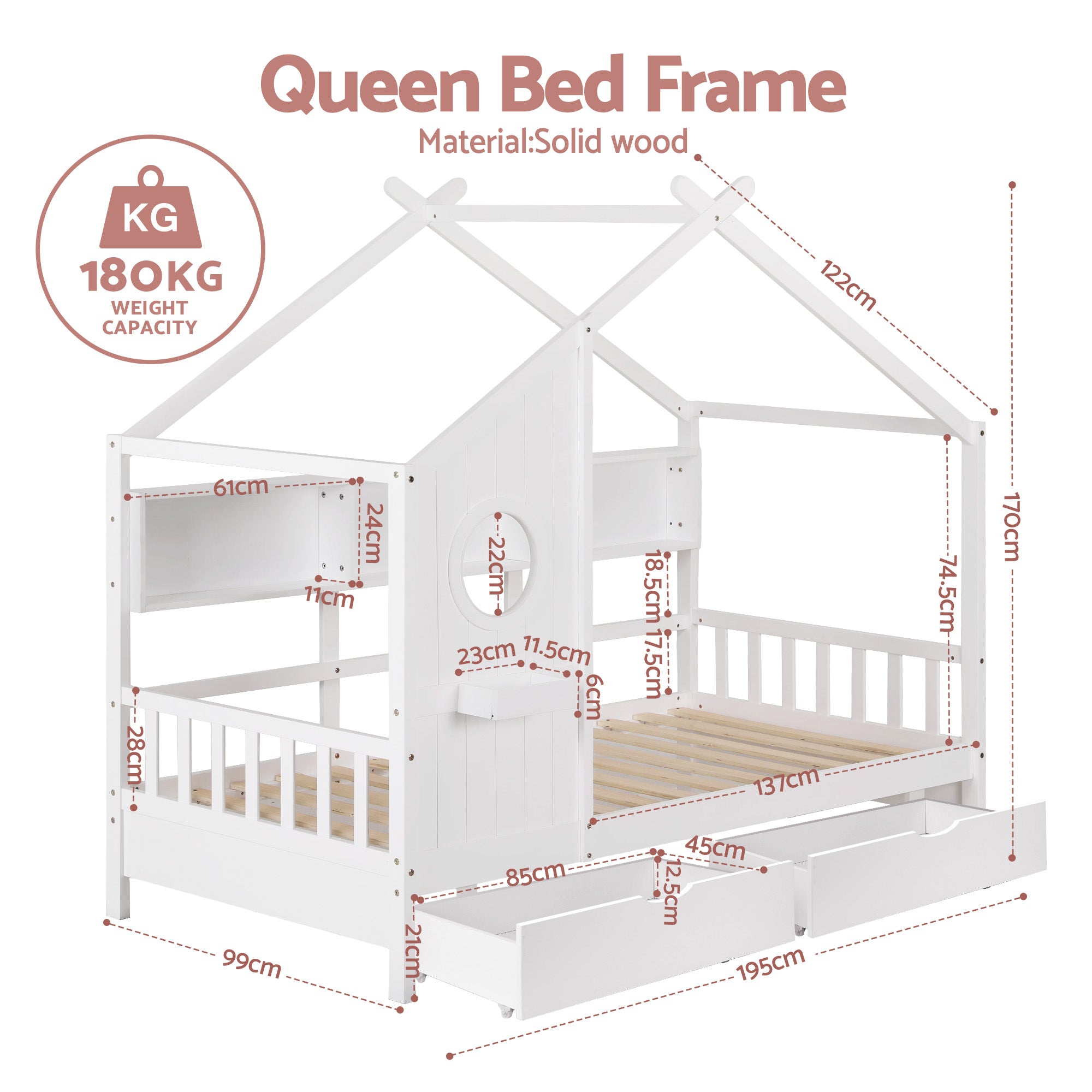 Artiss Kids Single Bed Frame with 3 Storage Bookcase & 2 Drawers House Bed Solid Wood Montessori Bed Easy Assembly White Bedworld