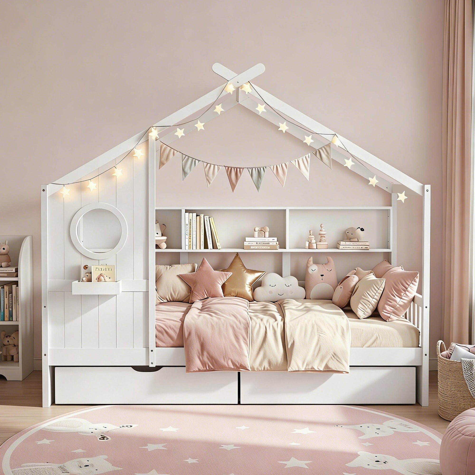 Artiss Kids Single Bed Frame with 3 Storage Bookcase & 2 Drawers House Bed Solid Wood Montessori Bed Easy Assembly White Bedworld