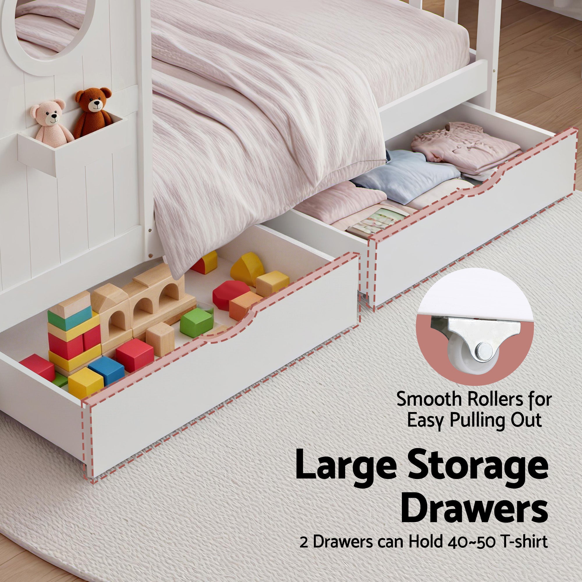 Artiss Kids Single Bed Frame with 3 Storage Bookcase & 2 Drawers House Bed Solid Wood Montessori Bed Easy Assembly White Bedworld