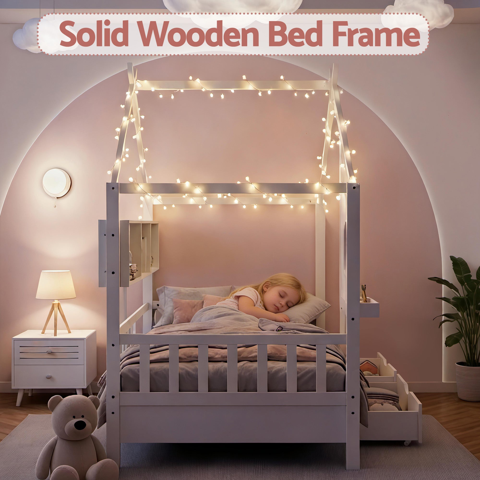 Artiss Kids Single Bed Frame with 3 Storage Bookcase & 2 Drawers House Bed Solid Wood Montessori Bed Easy Assembly White Bedworld