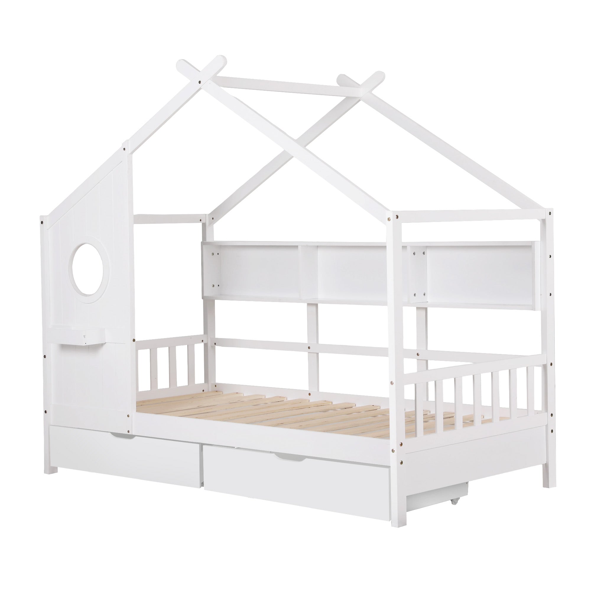 Artiss Kids Single Bed Frame with 3 Storage Bookcase & 2 Drawers House Bed Solid Wood Montessori Bed Easy Assembly White Bedworld