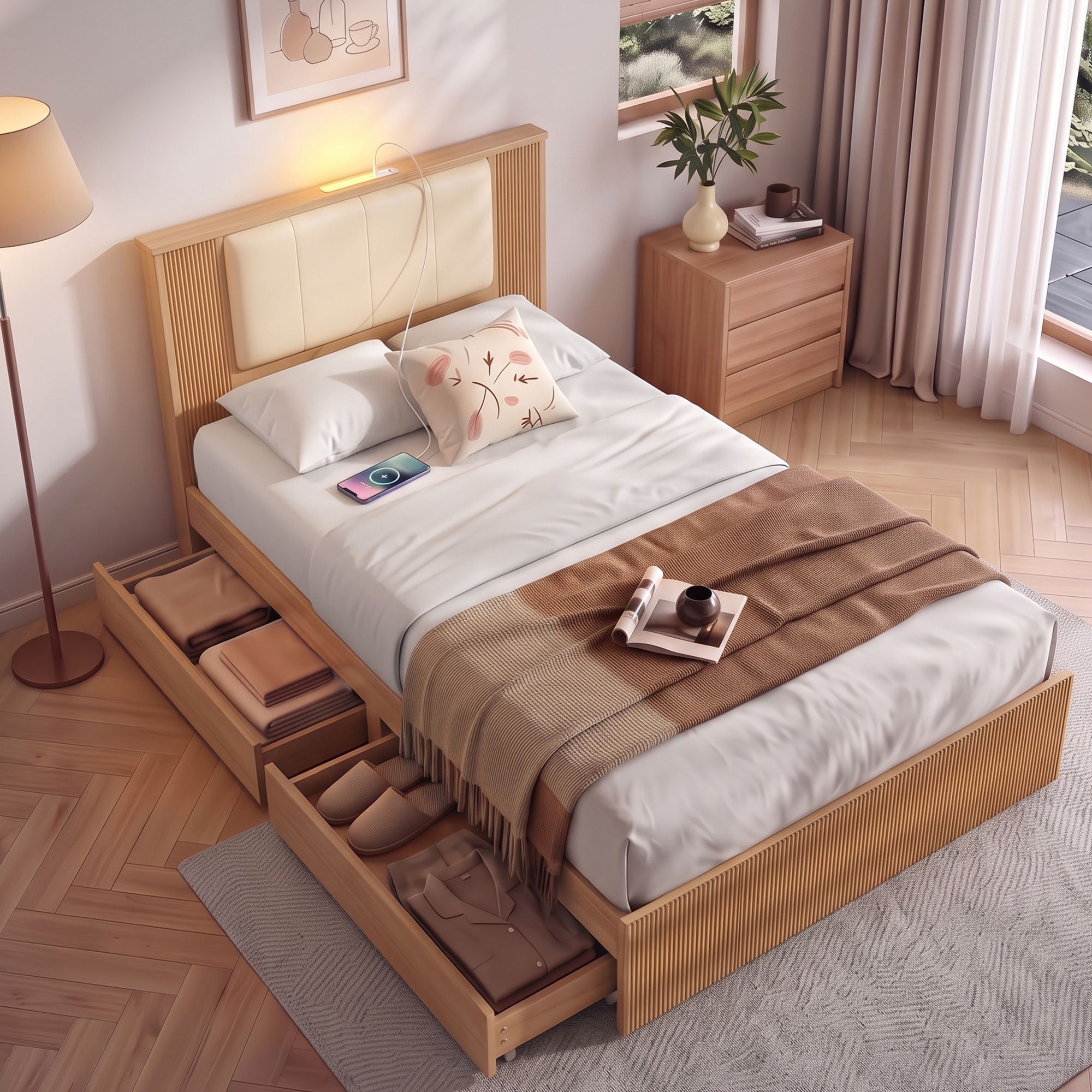 Artiss King Single Bed Frame with 2 Drawers, PU Leather Headboard & Charging Station Bedworld