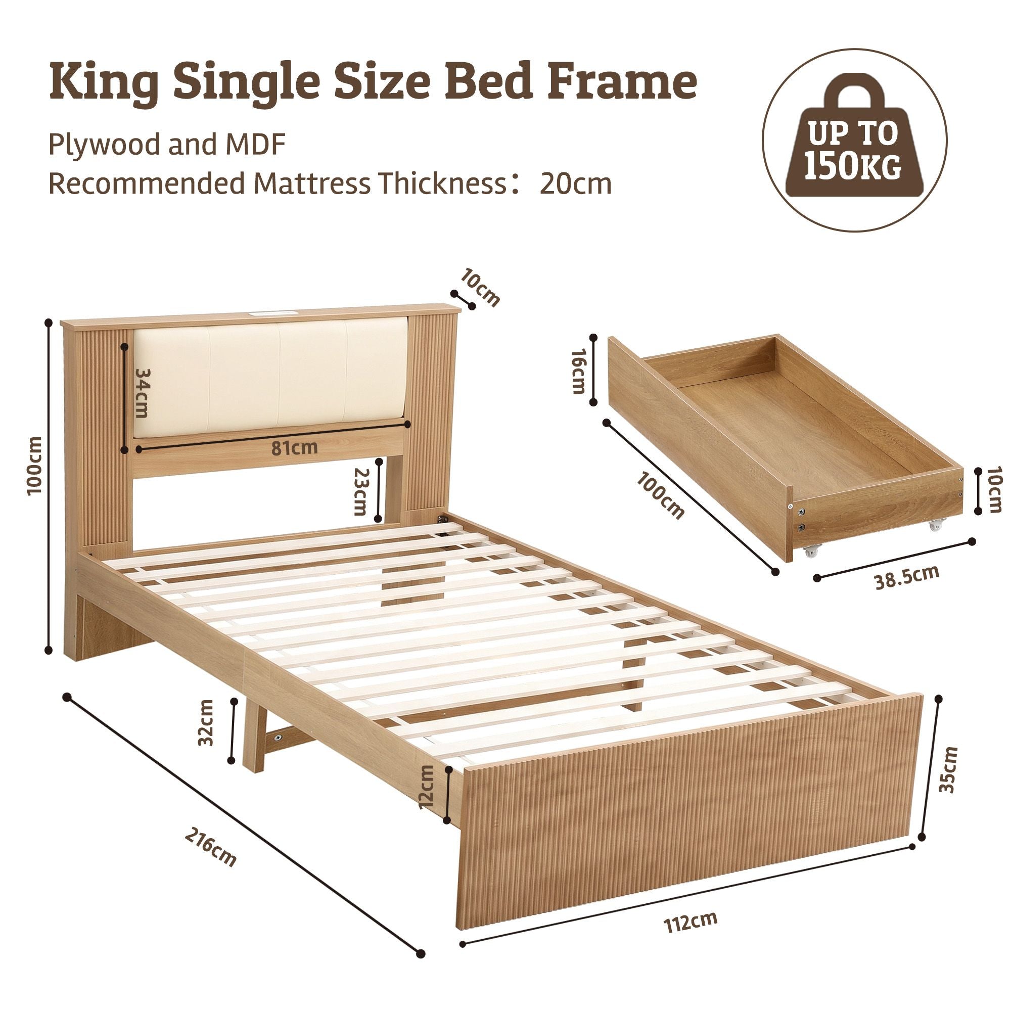 Artiss King Single Bed Frame with 2 Drawers, PU Leather Headboard & Charging Station Bedworld