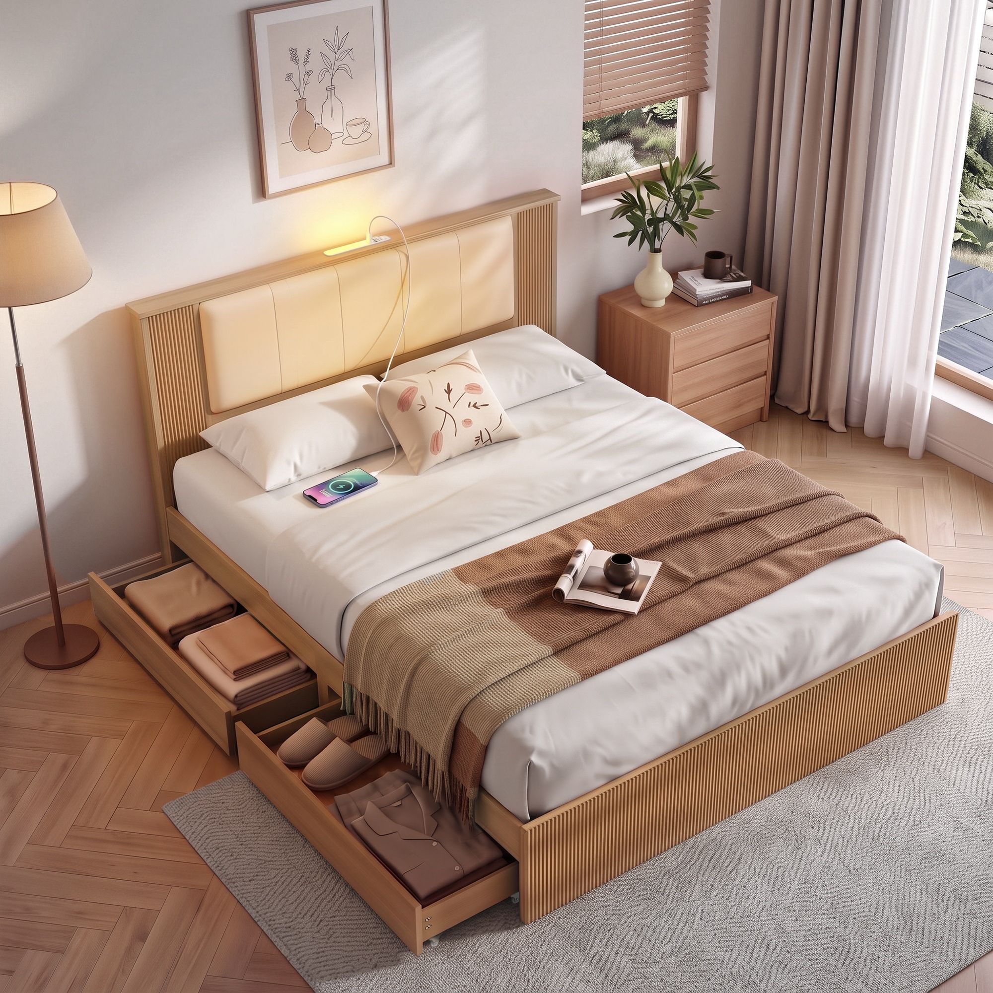 Artiss Queen Bed Frame with 2 Drawers, PU Leather Headboard & Charging Station Bedworld
