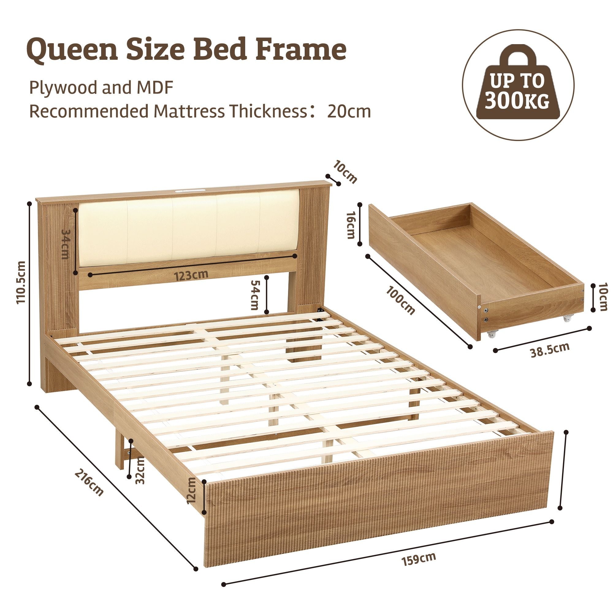 Artiss Queen Bed Frame with 2 Drawers, PU Leather Headboard & Charging Station Bedworld