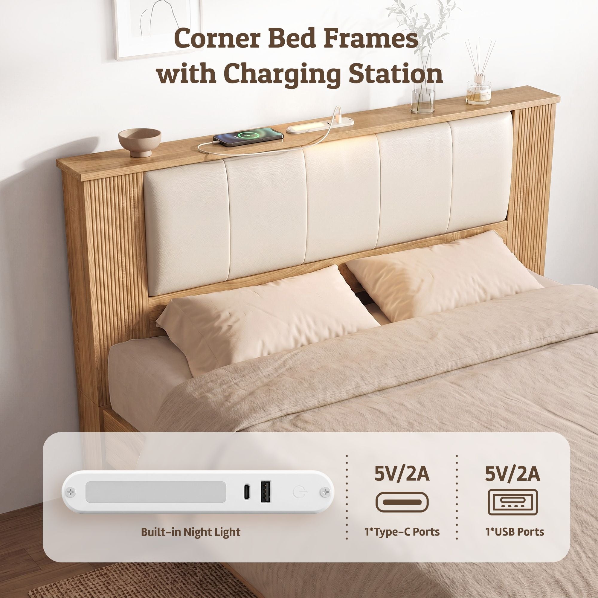 Artiss Queen Bed Frame with 2 Drawers, PU Leather Headboard & Charging Station Bedworld