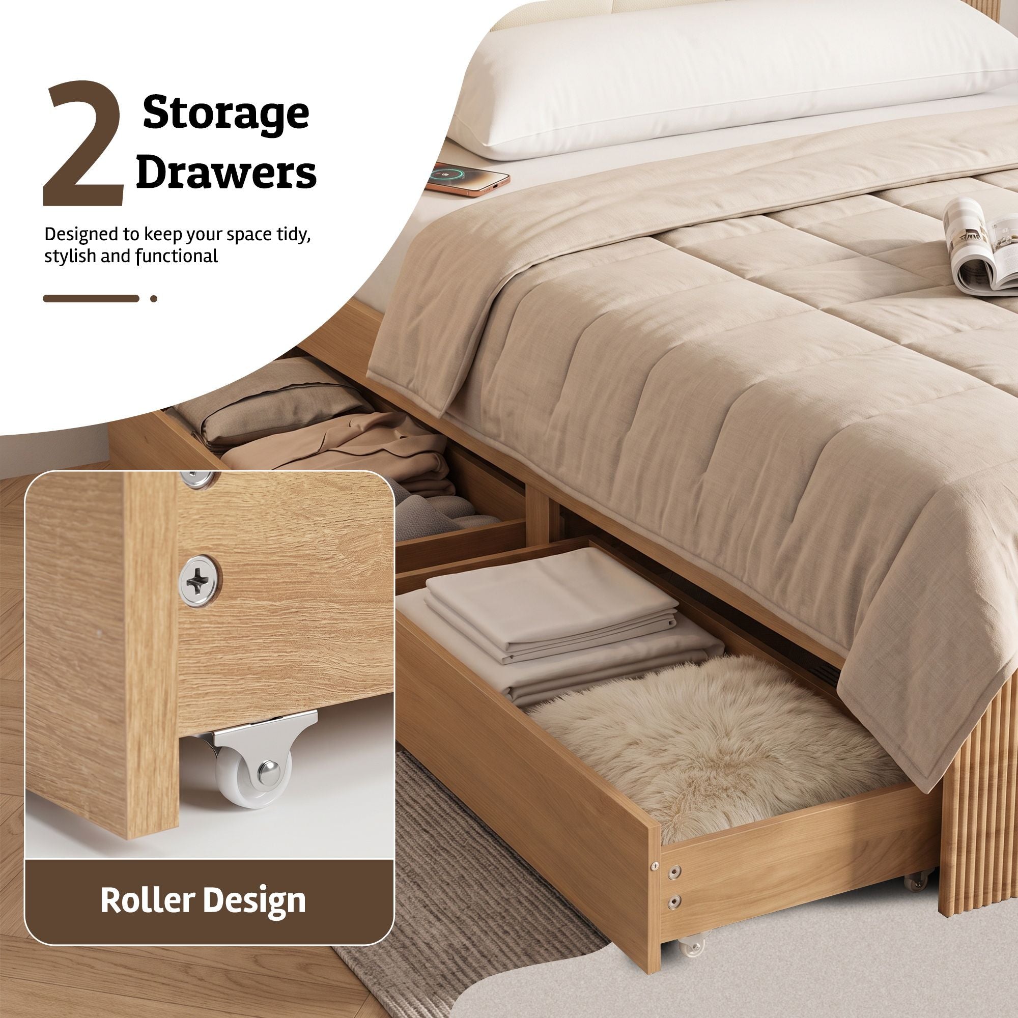 Artiss Queen Bed Frame with 2 Drawers, PU Leather Headboard & Charging Station Bedworld