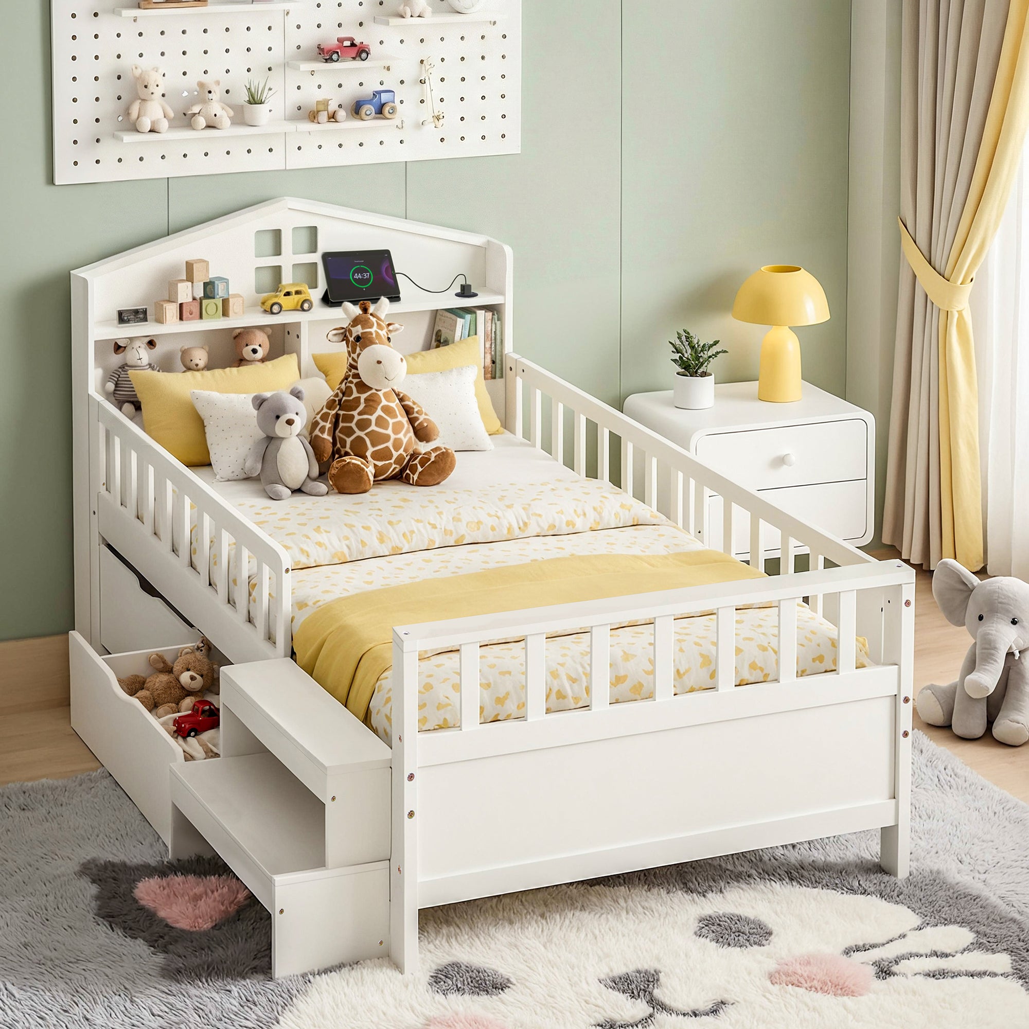 Artiss Single Bed Frame with 2 Storage Drawers, Montessori Bed with Headboard, 2 USB Ports & Led Light, Solid Wood Platform Bed Base with Safety Rail & Ladder, 31CM Under-Bed Storage, White Bedworld