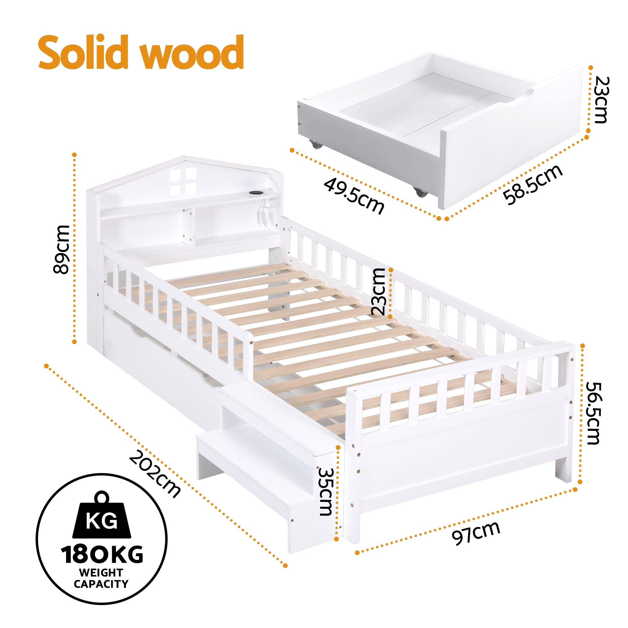 Artiss Single Bed Frame with 2 Storage Drawers, Montessori Bed with Headboard, 2 USB Ports & Led Light, Solid Wood Platform Bed Base with Safety Rail & Ladder, 31CM Under-Bed Storage, White Bedworld