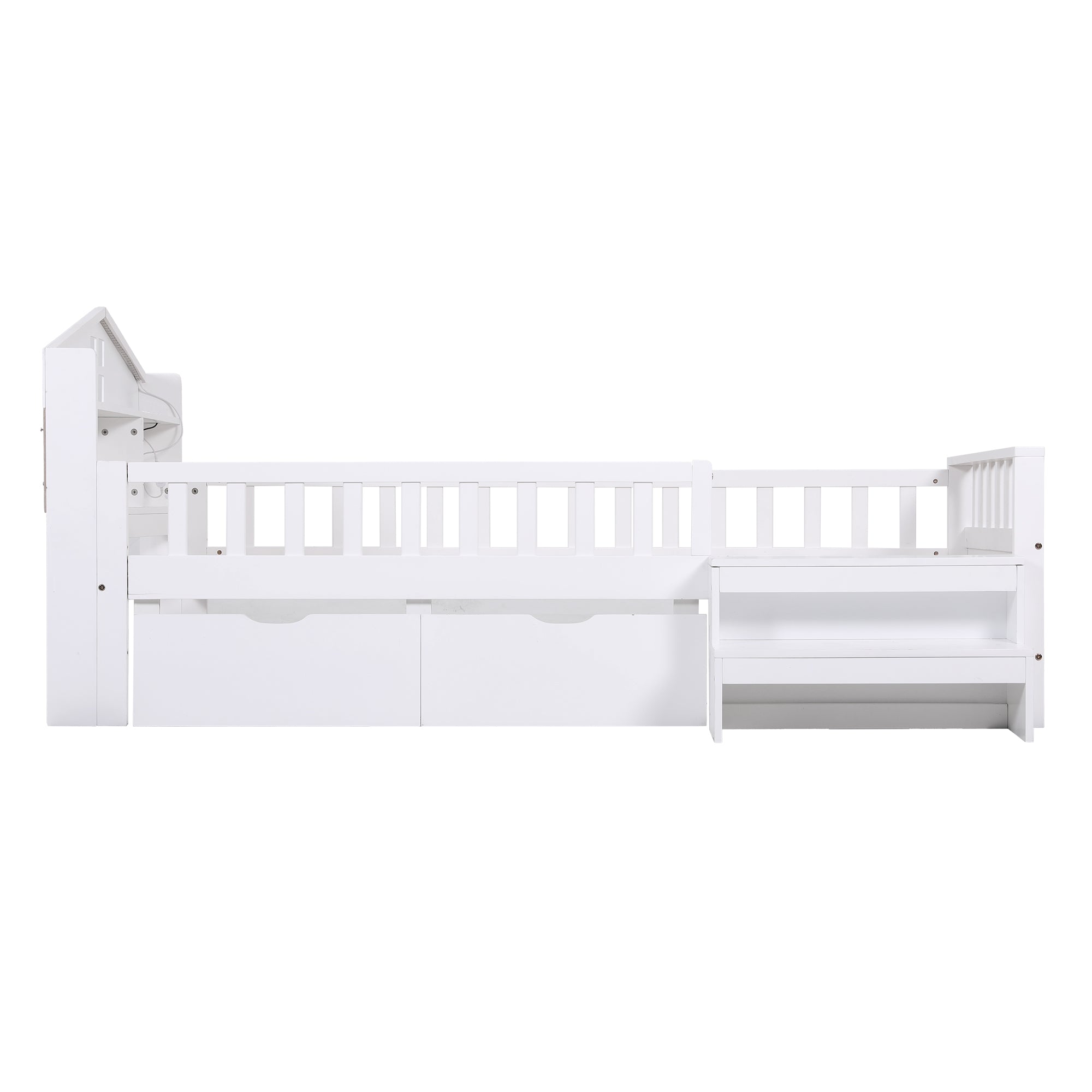 Artiss Single Bed Frame with 2 Storage Drawers, Montessori Bed with Headboard, 2 USB Ports & Led Light, Solid Wood Platform Bed Base with Safety Rail & Ladder, 31CM Under-Bed Storage, White Bedworld