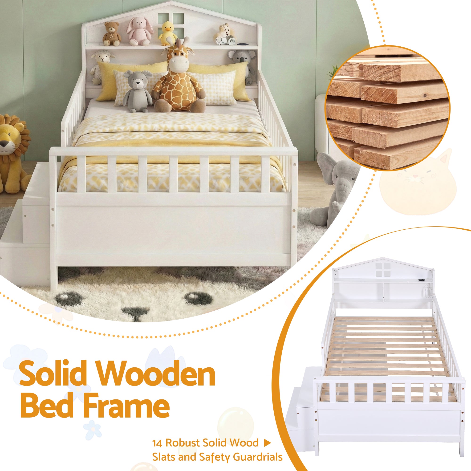Artiss Single Bed Frame with 2 Storage Drawers, Montessori Bed with Headboard, 2 USB Ports & Led Light, Solid Wood Platform Bed Base with Safety Rail & Ladder, 31CM Under-Bed Storage, White Bedworld