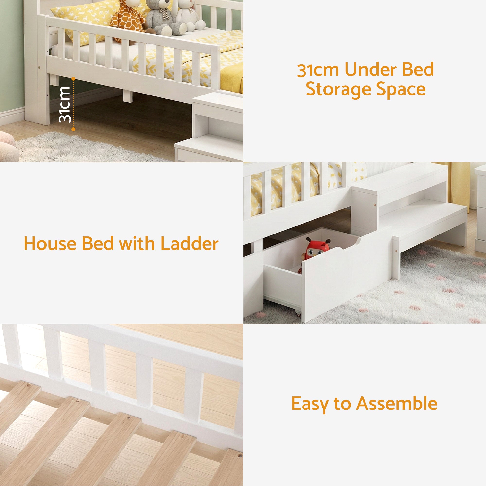 Artiss Single Bed Frame with 2 Storage Drawers, Montessori Bed with Headboard, 2 USB Ports & Led Light, Solid Wood Platform Bed Base with Safety Rail & Ladder, 31CM Under-Bed Storage, White Bedworld