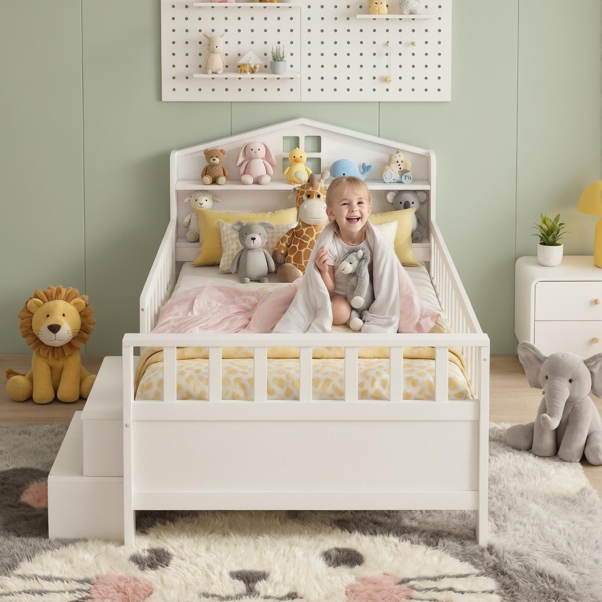 Artiss Single Bed Frame with 2 Storage Drawers, Montessori Bed with Headboard, 2 USB Ports & Led Light, Solid Wood Platform Bed Base with Safety Rail & Ladder, 31CM Under-Bed Storage, White Bedworld