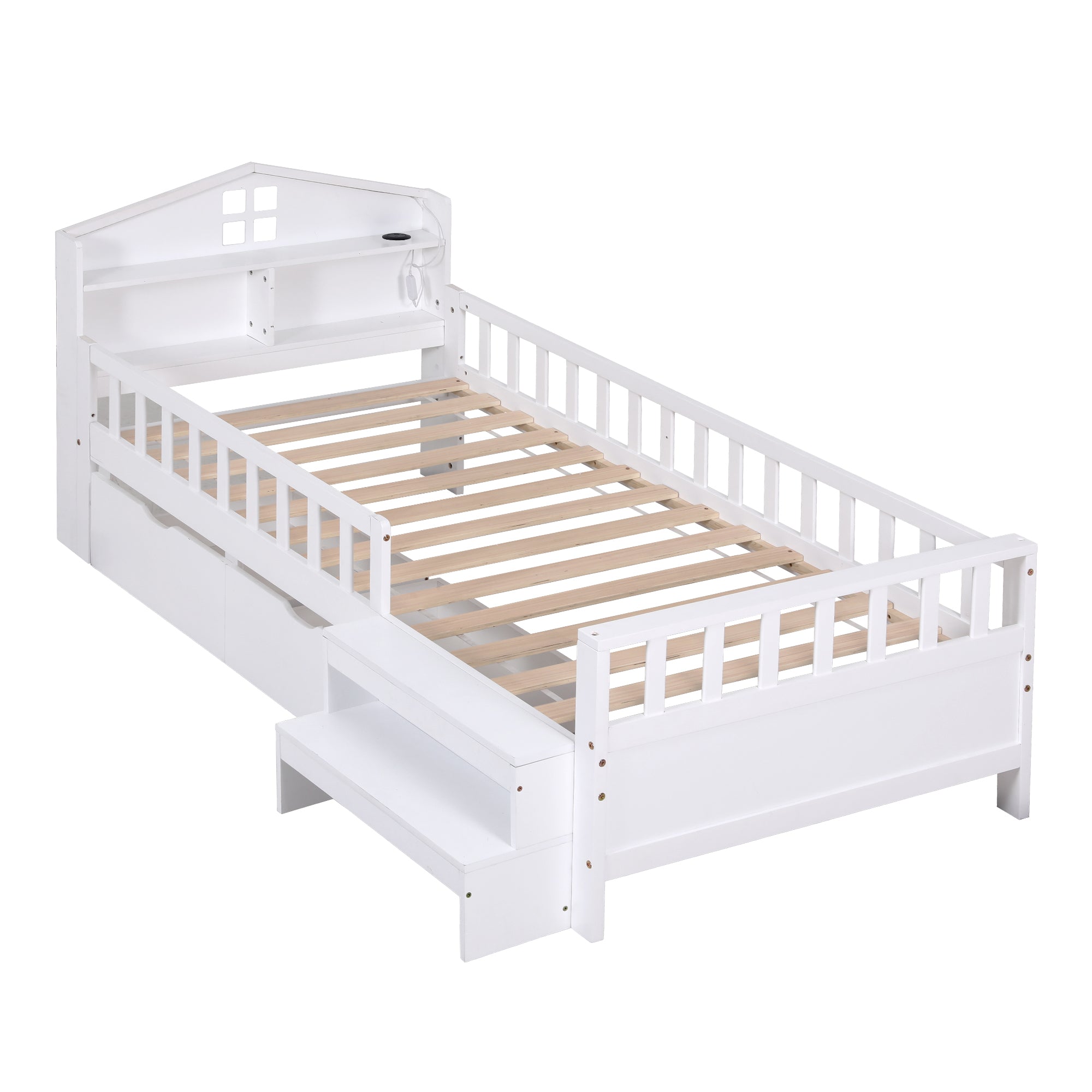 Artiss Single Bed Frame with 2 Storage Drawers, Montessori Bed with Headboard, 2 USB Ports & Led Light, Solid Wood Platform Bed Base with Safety Rail & Ladder, 31CM Under-Bed Storage, White Bedworld