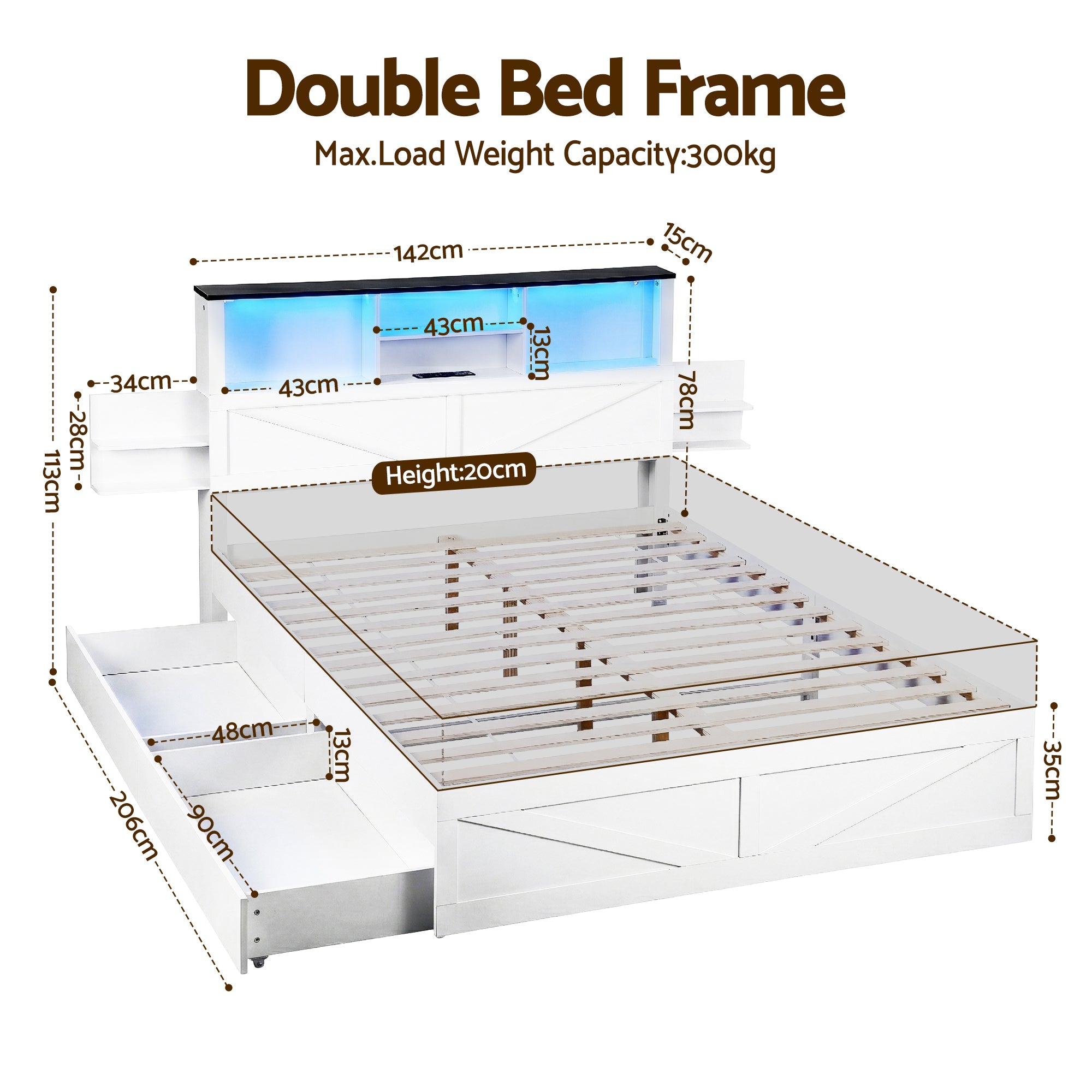 White double bed frame with storage drawers; dimension diagram and charging panel view.