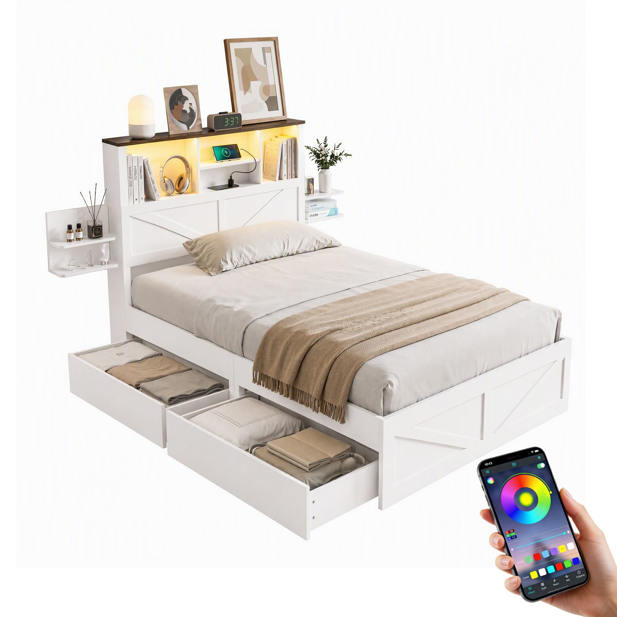 Artiss King Single Bed Frame with Storage Drawers White Platform Bedframe with Bookcase Headboard Charging Station Led Light Bedworld