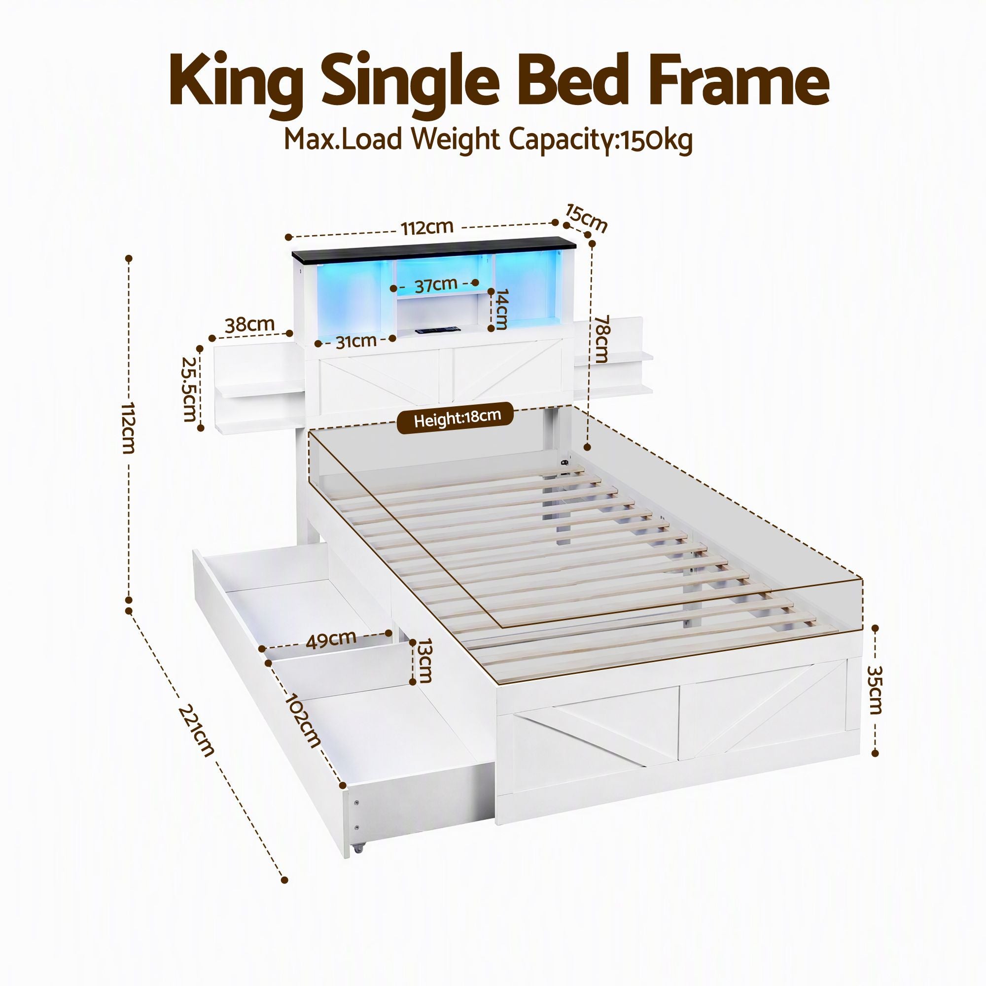 Artiss King Single Bed Frame with Storage Drawers White Platform Bedframe with Bookcase Headboard Charging Station Led Light Bedworld