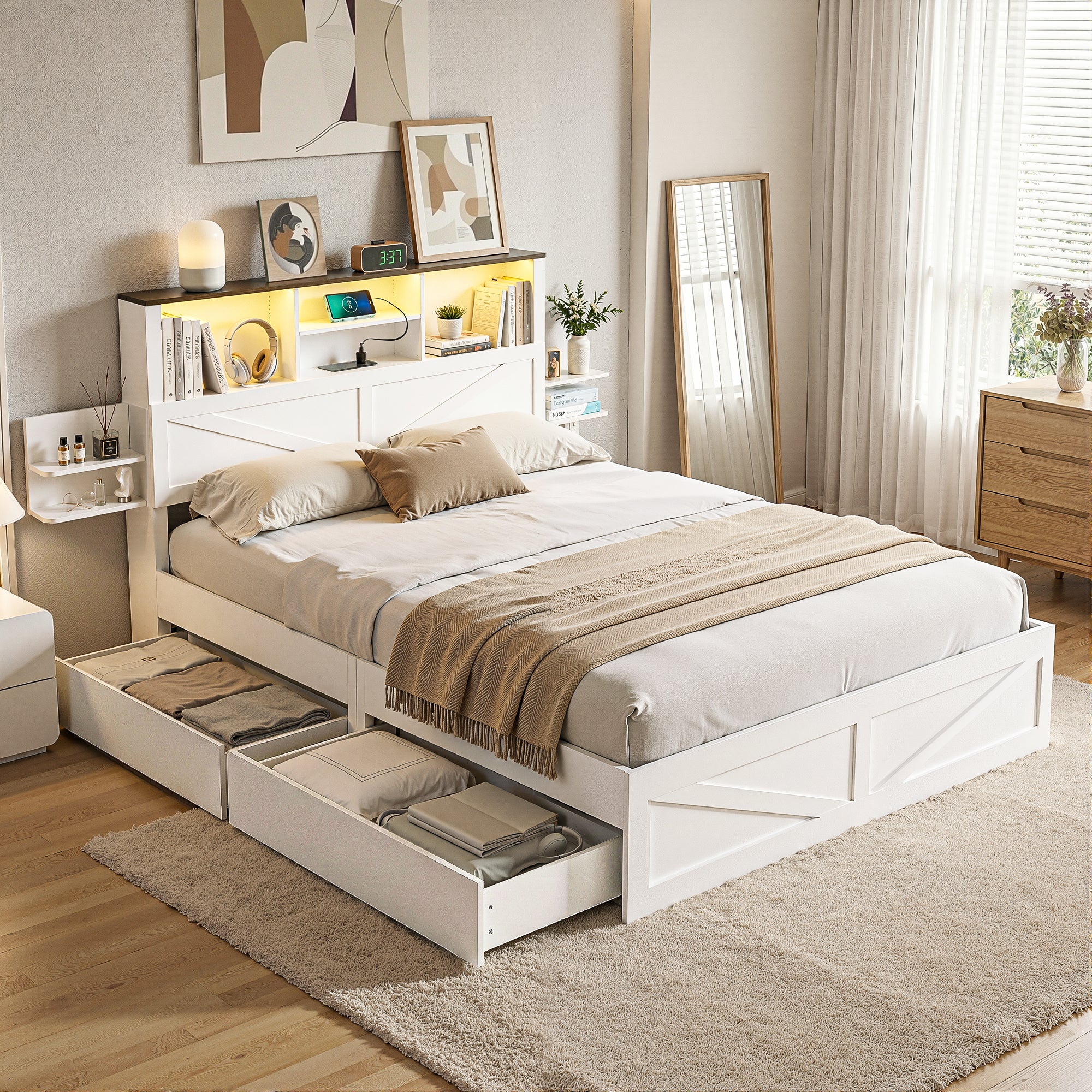 Artiss Queen Bed Frame with Storage Drawers White Platform Bedframe with Bookcase Headboard Charging Station Led Light Bedworld