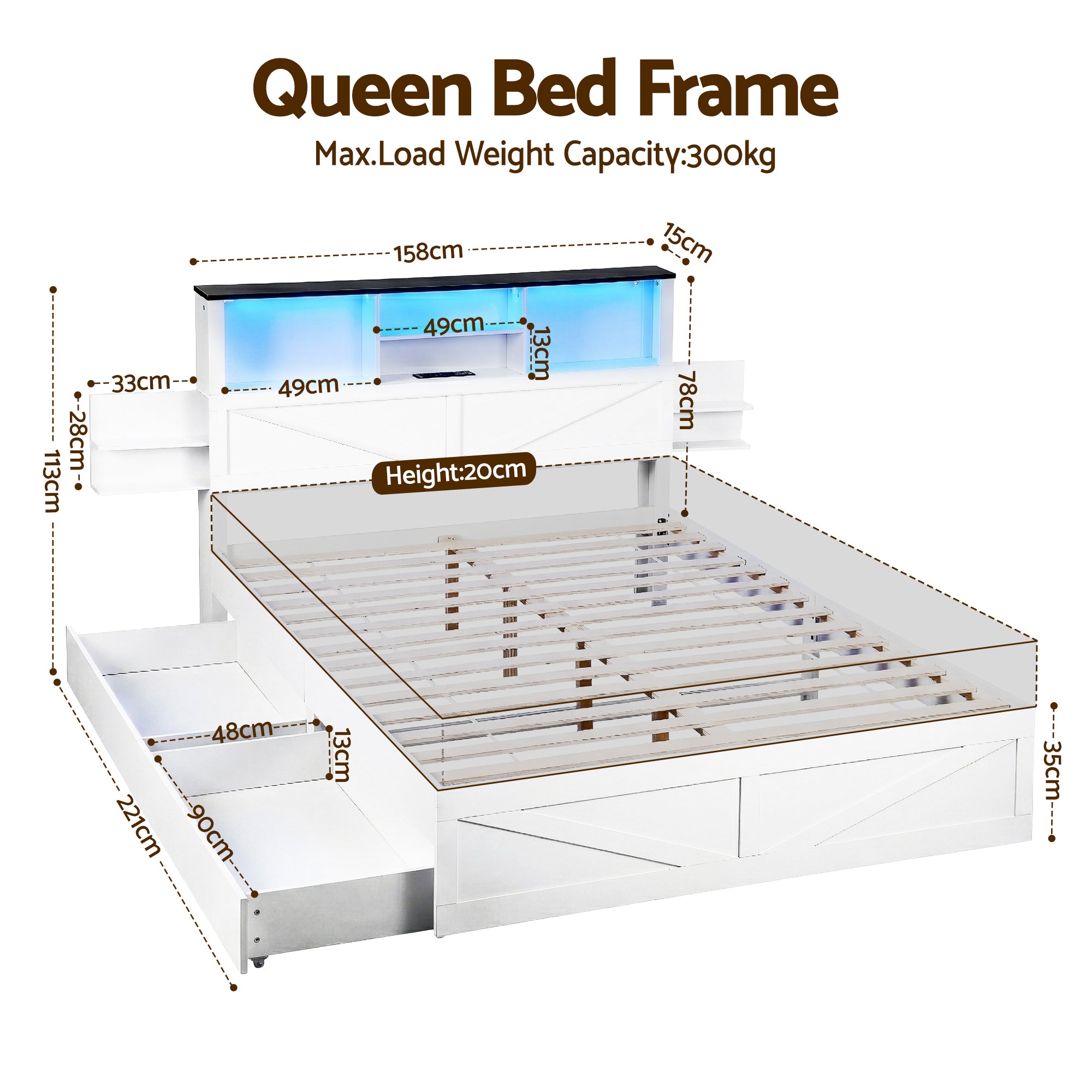 Artiss Queen Bed Frame with Storage Drawers White Platform Bedframe with Bookcase Headboard Charging Station Led Light Bedworld