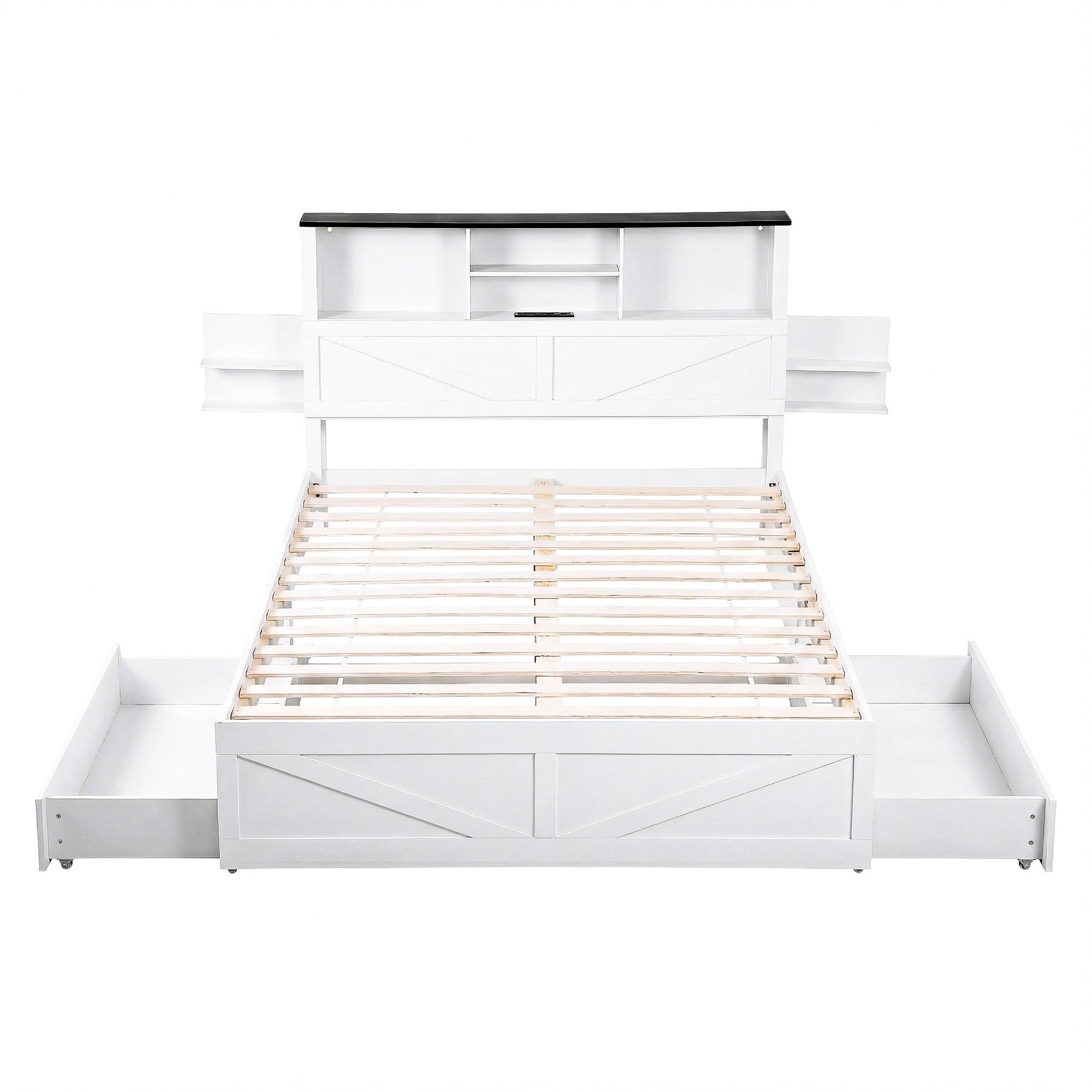Artiss Queen Bed Frame with Storage Drawers White Platform Bedframe with Bookcase Headboard Charging Station Led Light Bedworld
