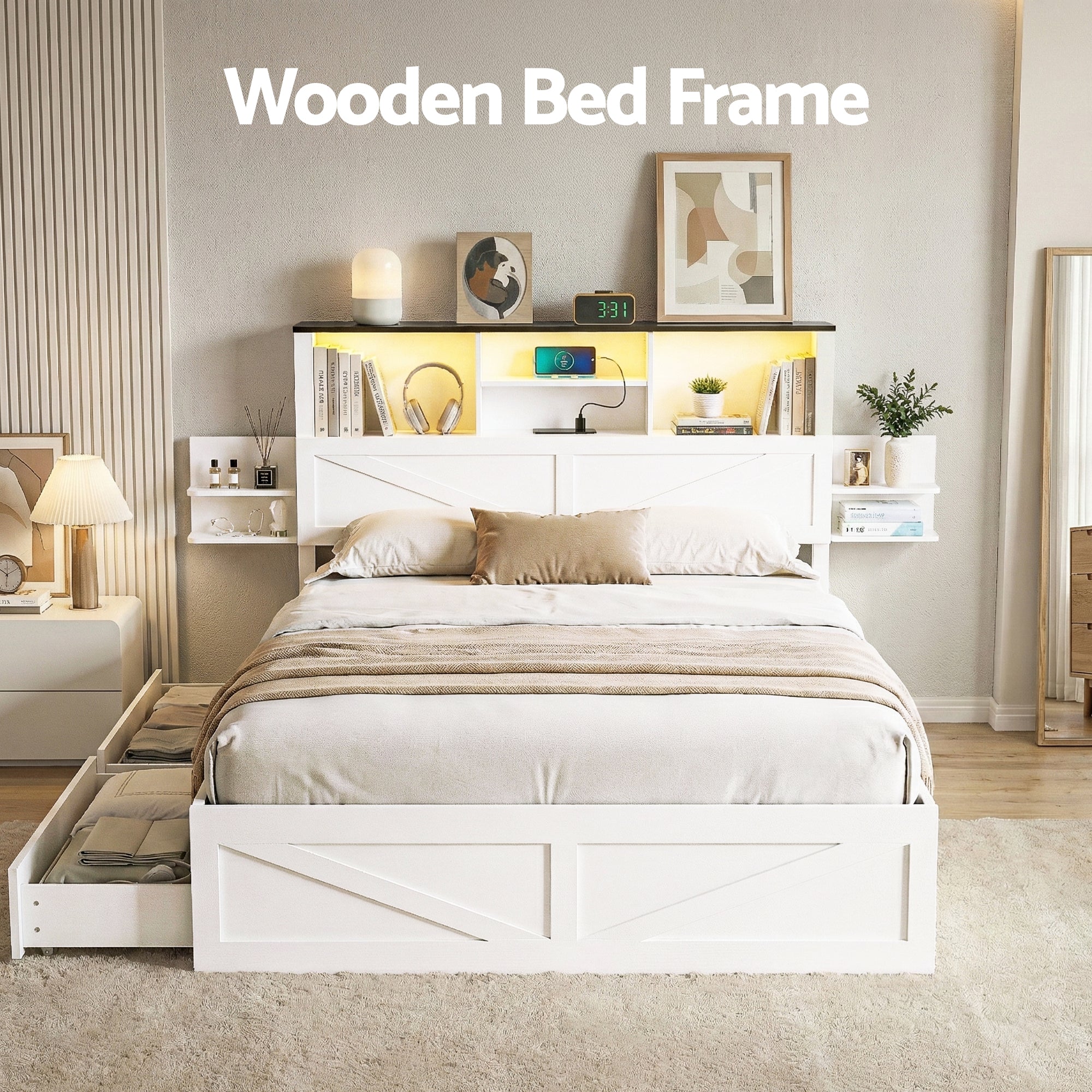Artiss Queen Bed Frame with Storage Drawers White Platform Bedframe with Bookcase Headboard Charging Station Led Light Bedworld