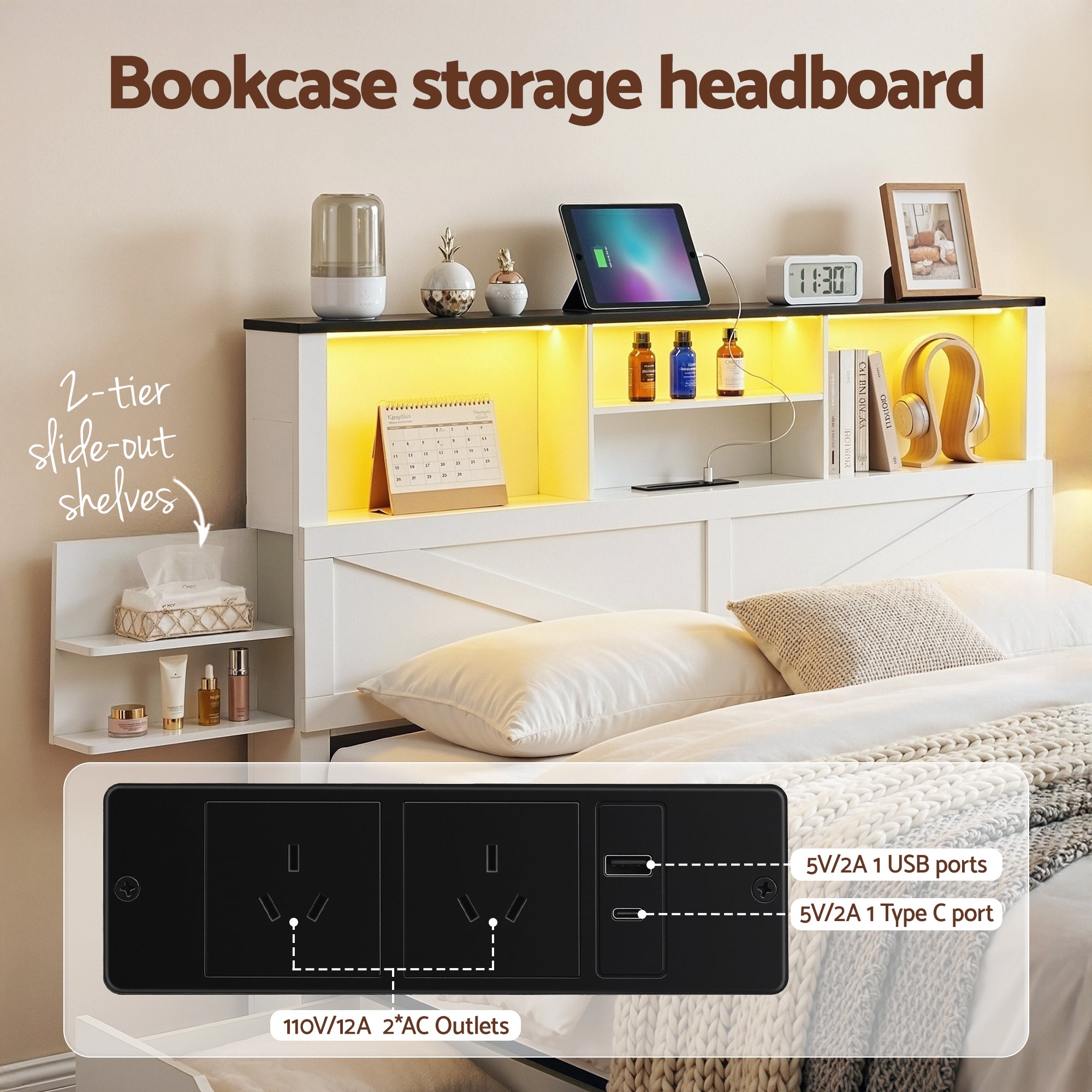 Artiss Queen Bed Frame with Storage Drawers White Platform Bedframe with Bookcase Headboard Charging Station Led Light Bedworld