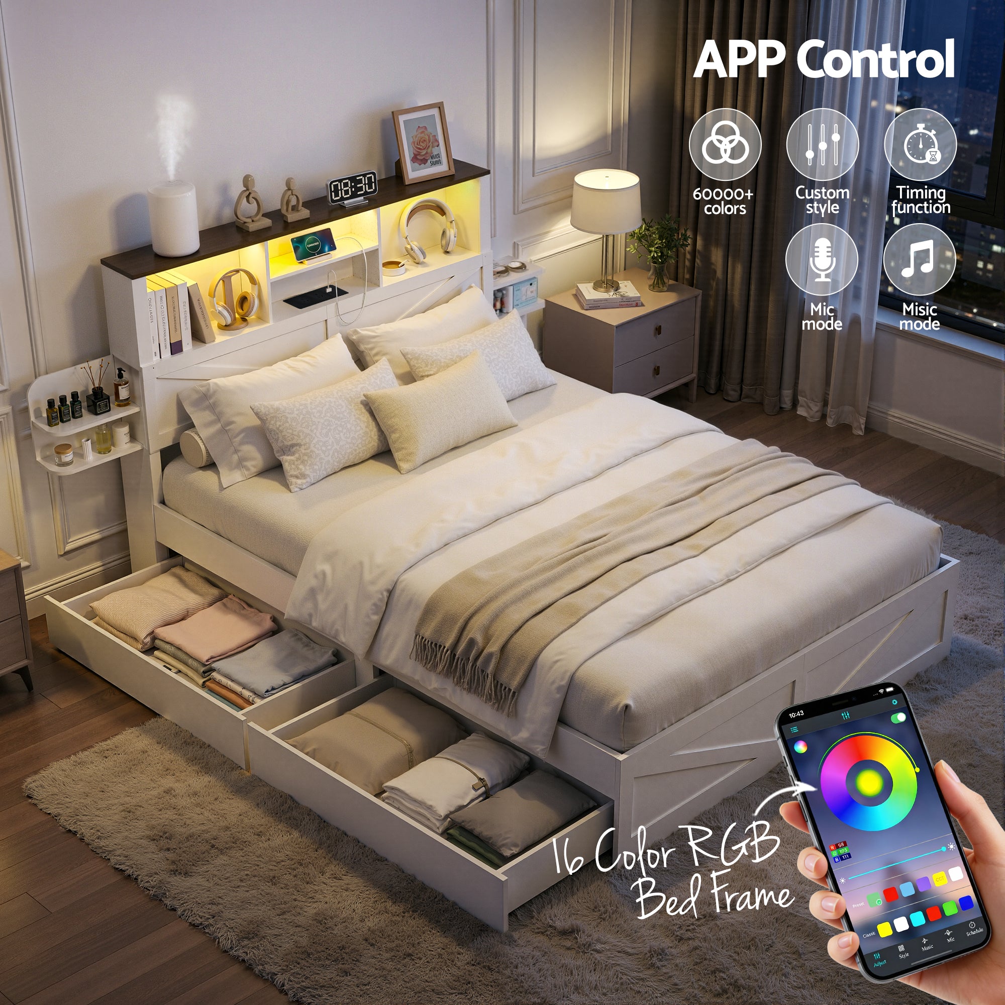 Artiss Queen Bed Frame with Storage Drawers White Platform Bedframe with Bookcase Headboard Charging Station Led Light Bedworld