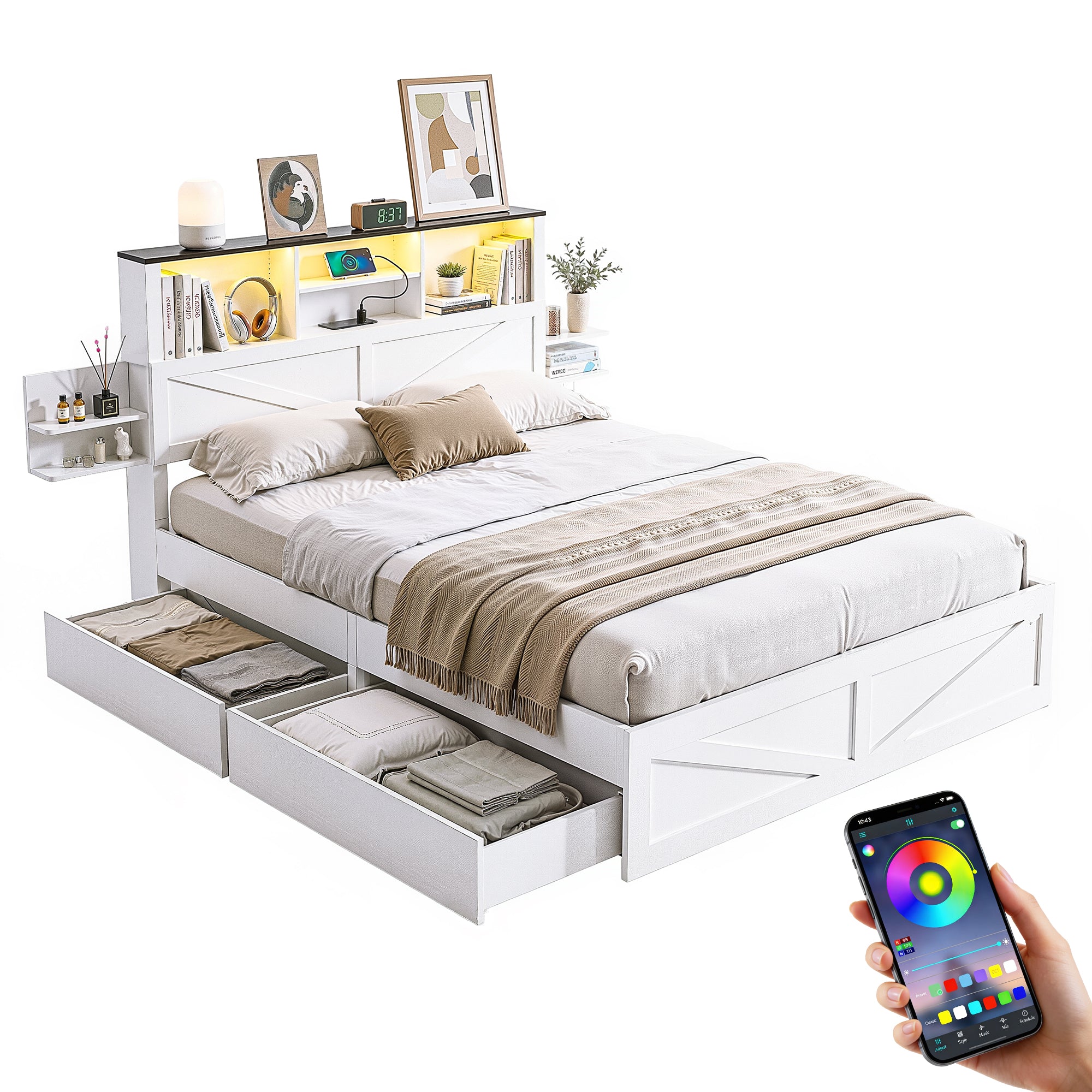 Artiss Queen Bed Frame with Storage Drawers White Platform Bedframe with Bookcase Headboard Charging Station Led Light Bedworld