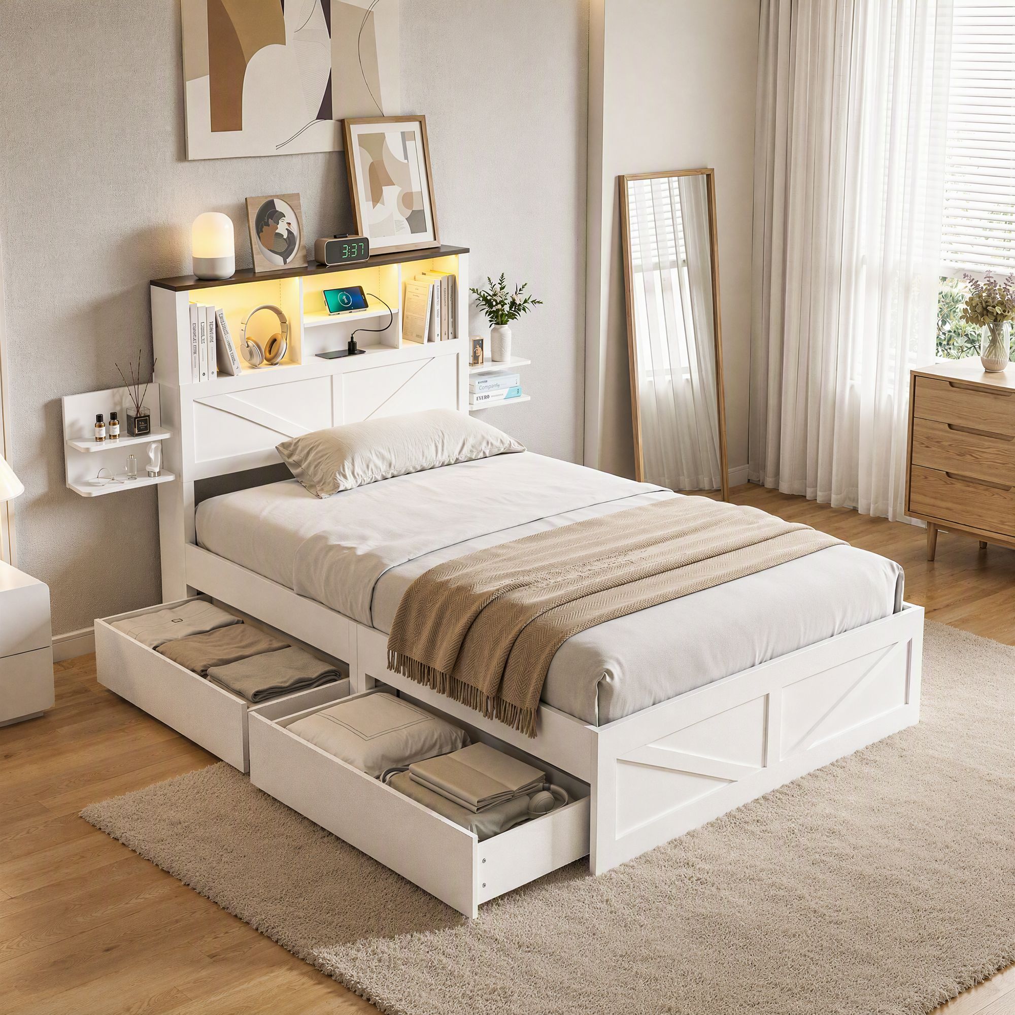 Artiss Single Bed Frame with Storage Drawers White Platform Bedframe with Bookcase Headboard Charging Station Led Light Bedworld