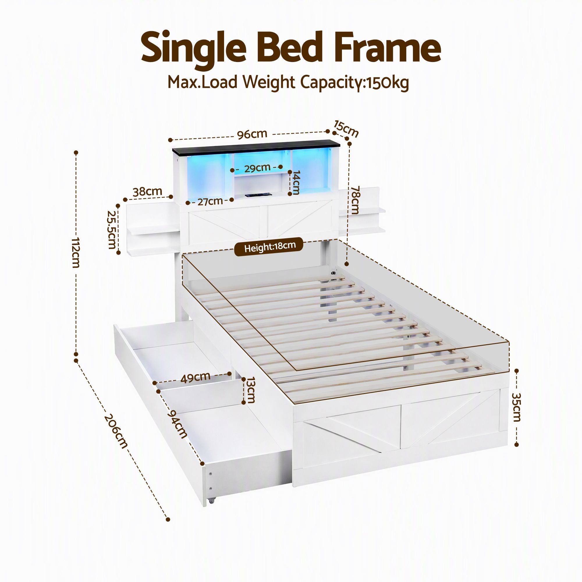 Artiss Single Bed Frame with Storage Drawers White Platform Bedframe with Bookcase Headboard Charging Station Led Light Bedworld