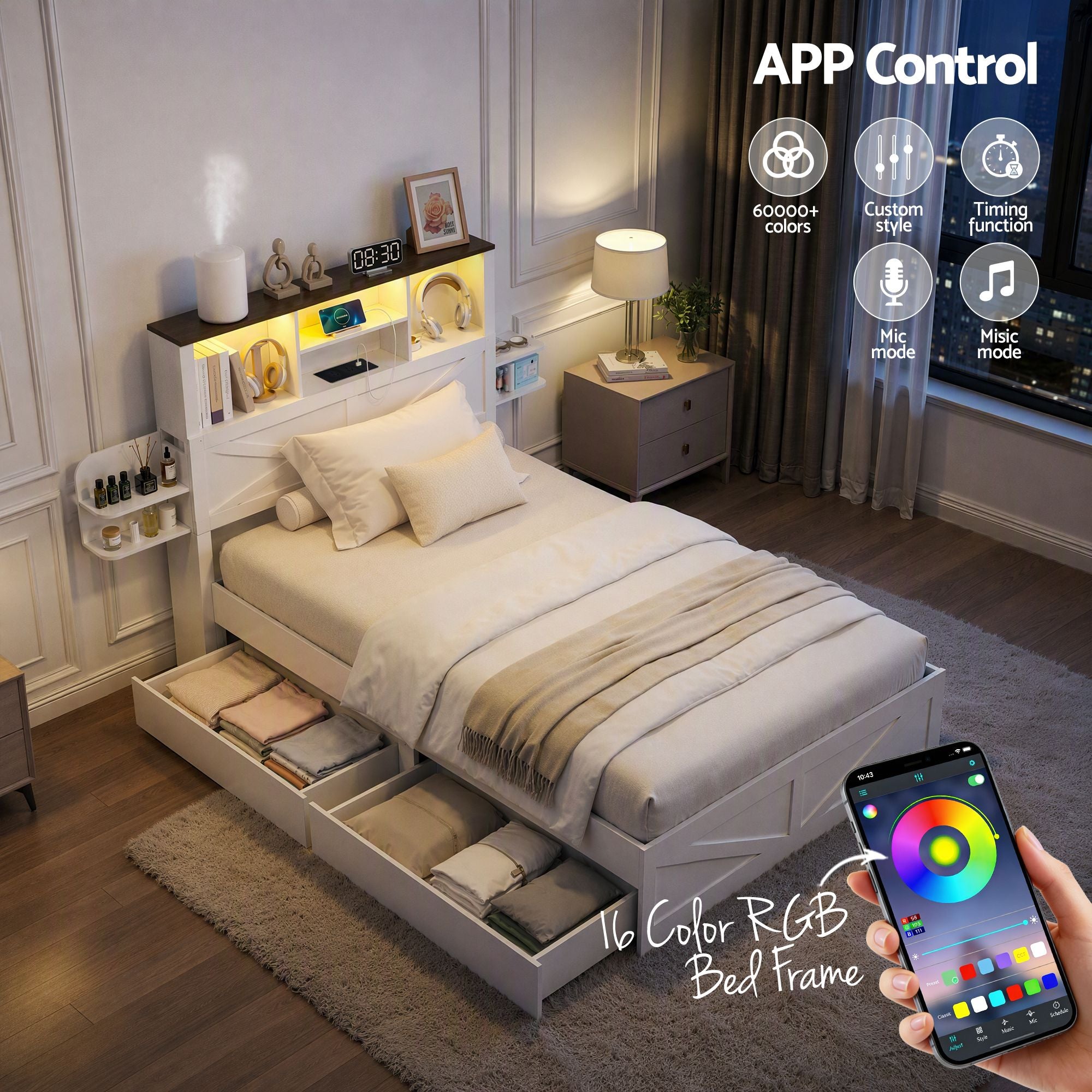 Artiss Single Bed Frame with Storage Drawers White Platform Bedframe with Bookcase Headboard Charging Station Led Light Bedworld