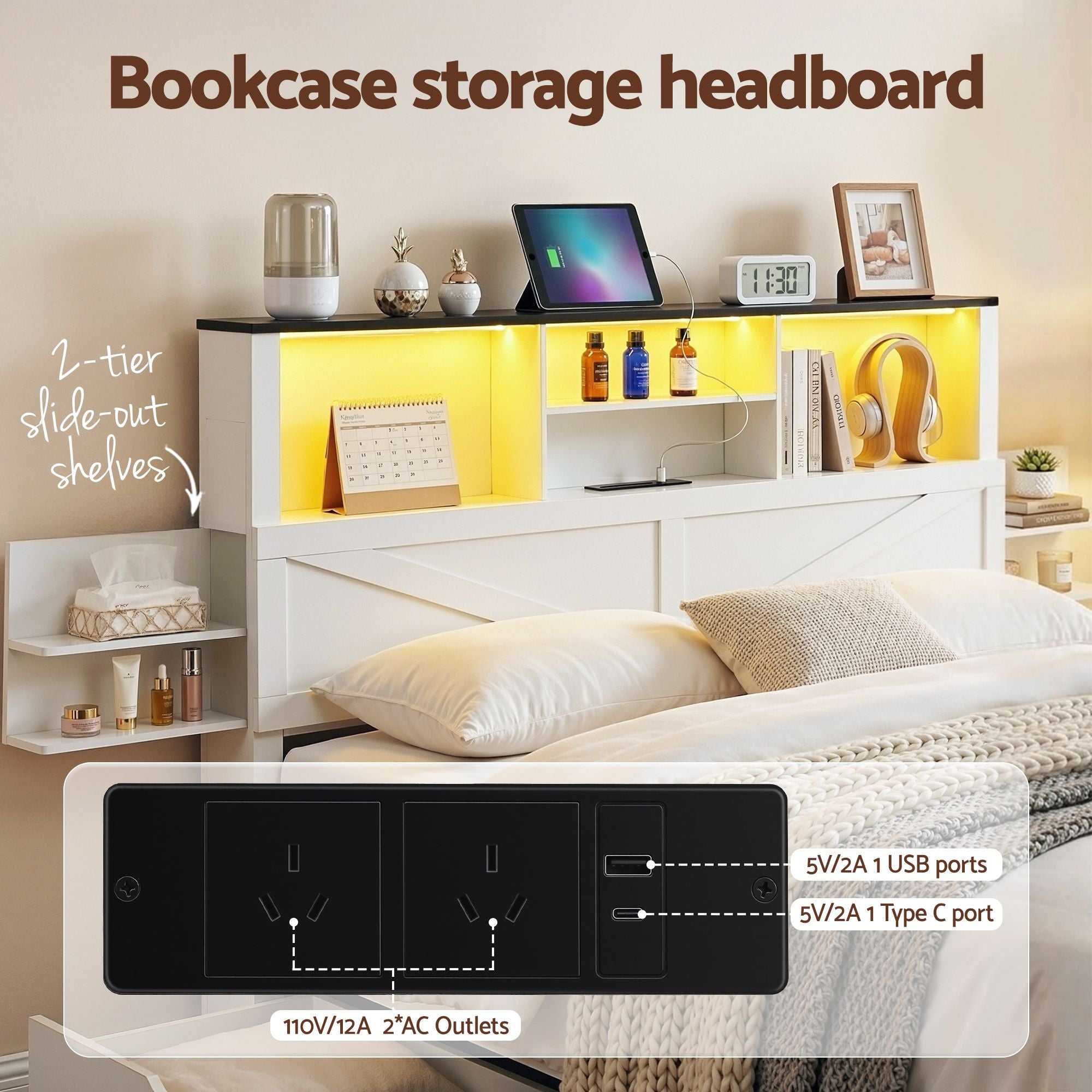 Artiss Single Bed Frame with Storage Drawers White Platform Bedframe with Bookcase Headboard Charging Station Led Light Bedworld