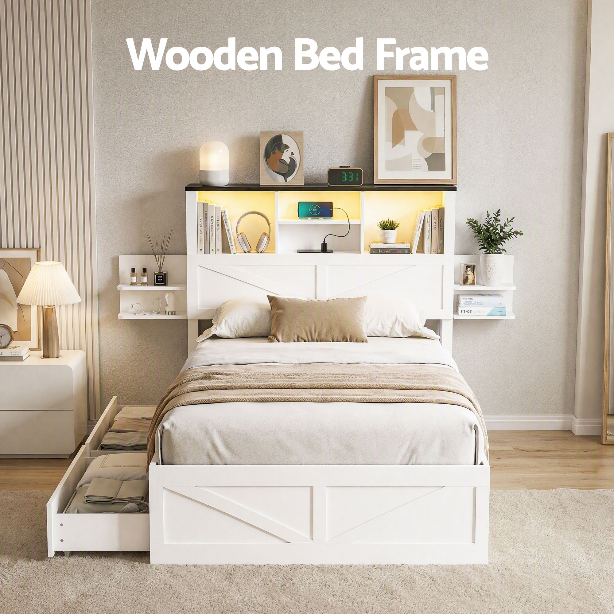 Artiss Single Bed Frame with Storage Drawers White Platform Bedframe with Bookcase Headboard Charging Station Led Light Bedworld