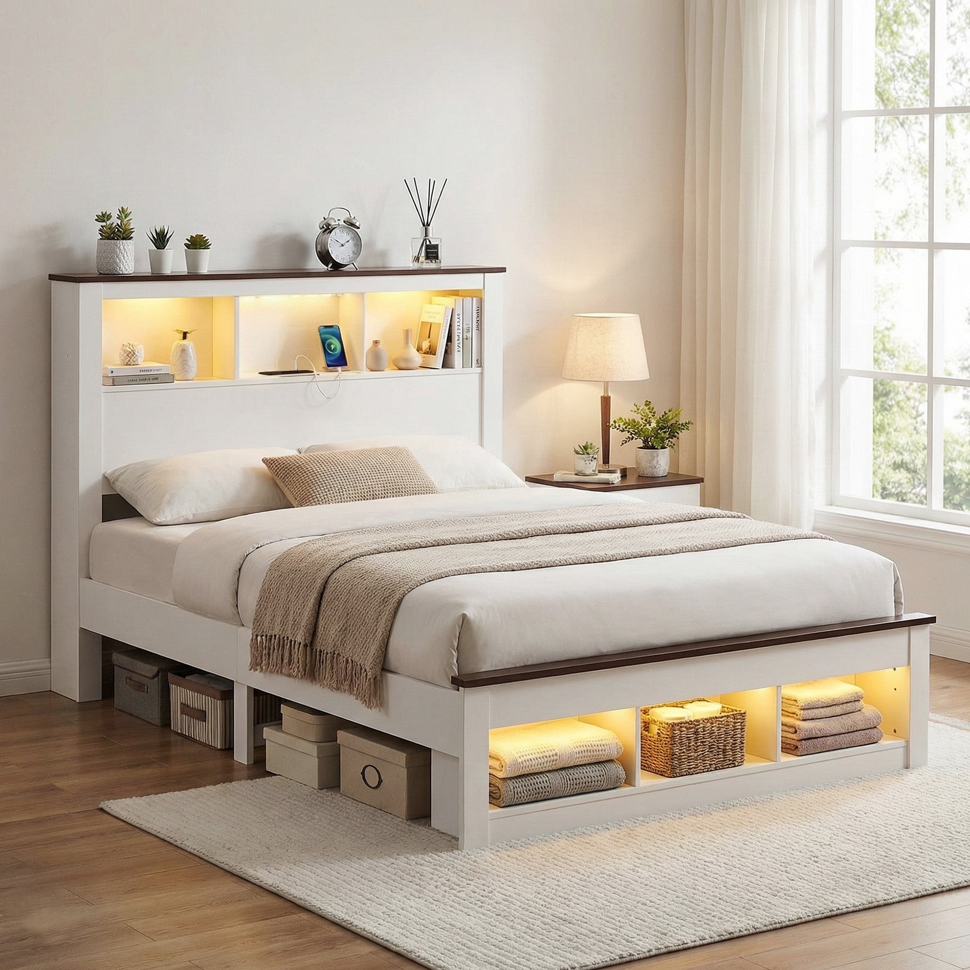 Artiss Double Bed Frame with Storage Bookcase Headboard and Footboard White Wooden Platform Bed with Charging Station and Led Light Bedroom Furniture Bedworld