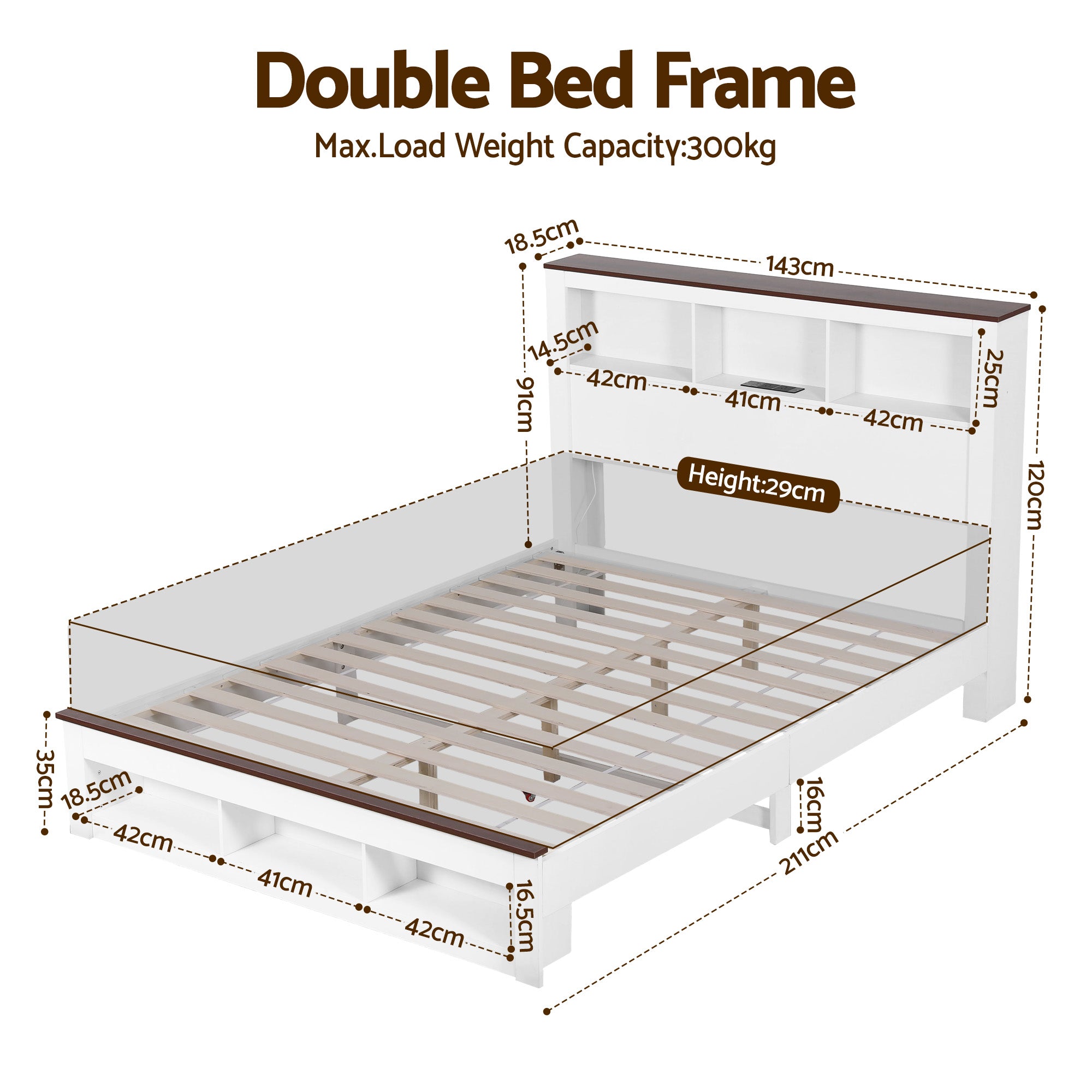 Artiss Double Bed Frame with Storage Bookcase Headboard and Footboard White Wooden Platform Bed with Charging Station and Led Light Bedroom Furniture Bedworld