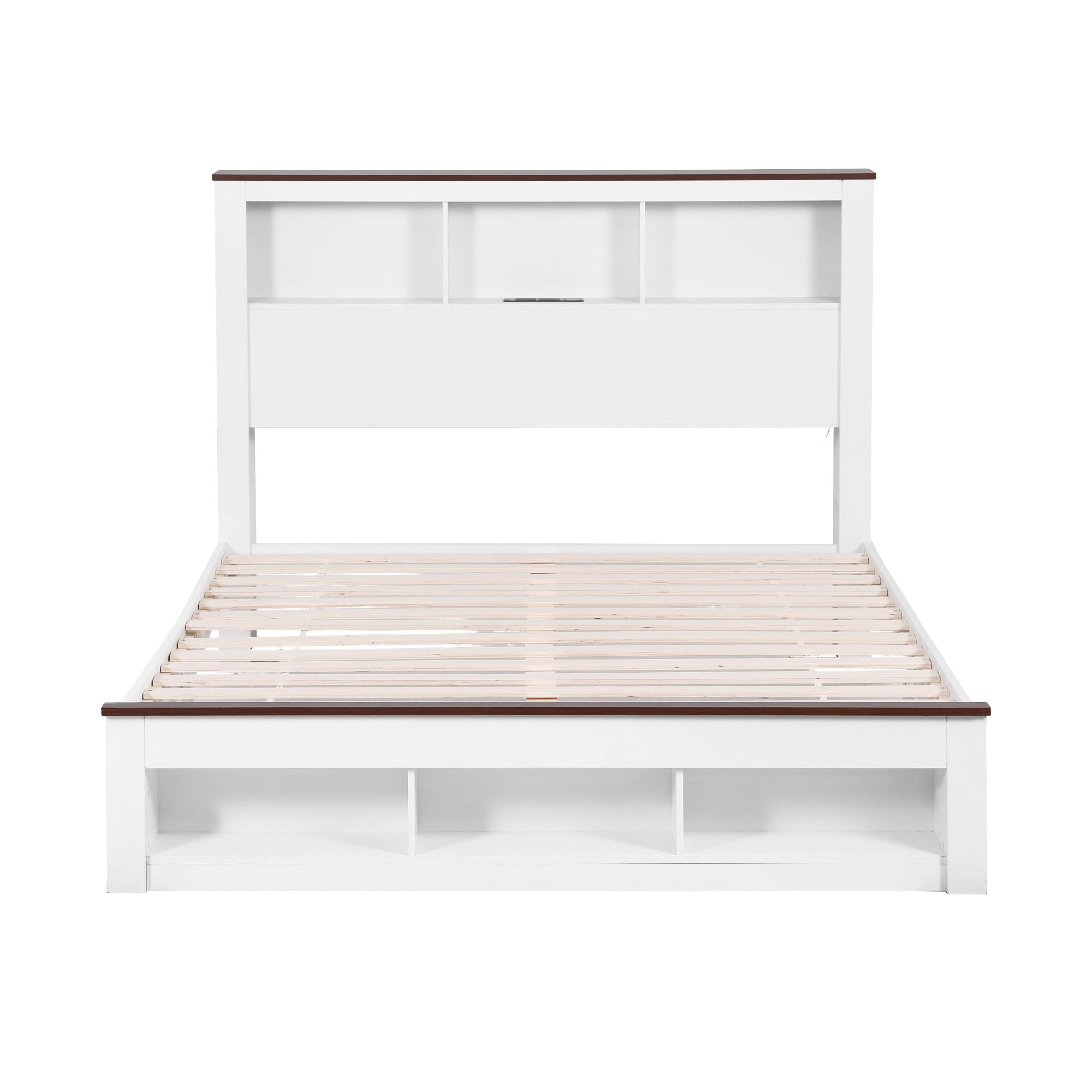 Artiss Double Bed Frame with Storage Bookcase Headboard and Footboard White Wooden Platform Bed with Charging Station and Led Light Bedroom Furniture Bedworld
