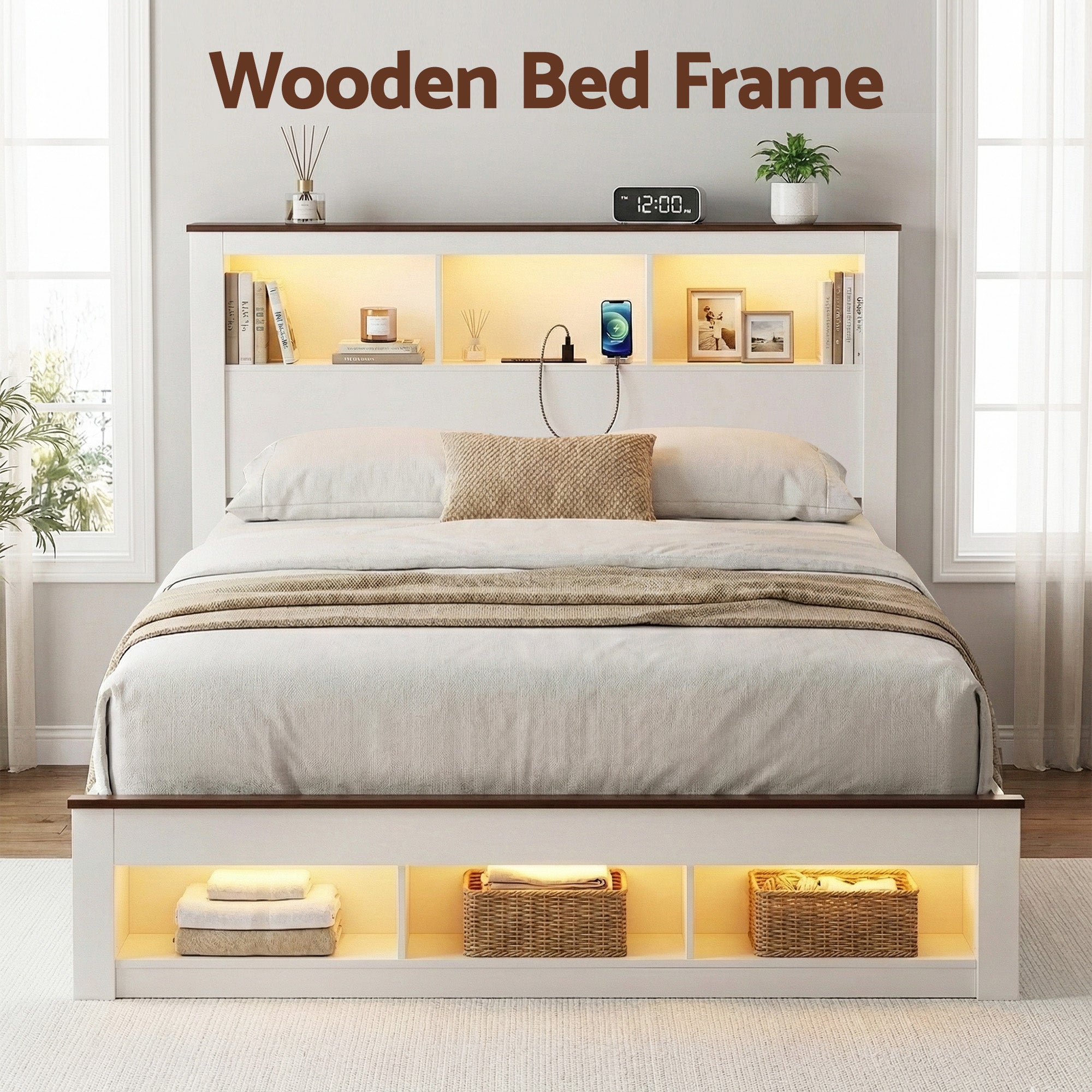 Artiss Double Bed Frame with Storage Bookcase Headboard and Footboard White Wooden Platform Bed with Charging Station and Led Light Bedroom Furniture