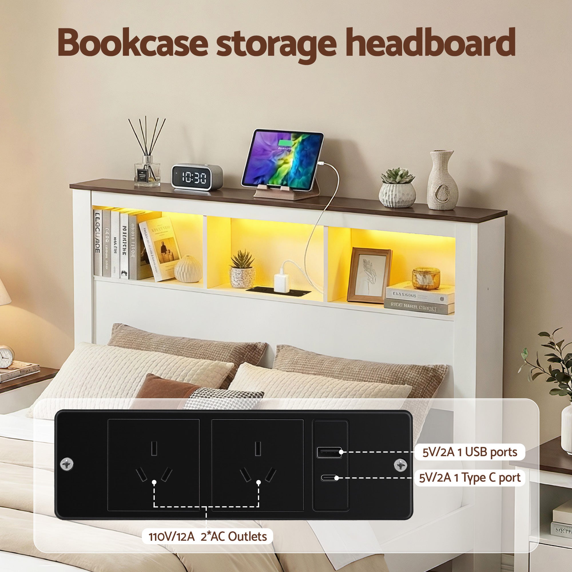 Artiss Double Bed Frame with Storage Bookcase Headboard and Footboard White Wooden Platform Bed with Charging Station and Led Light Bedroom Furniture Bedworld