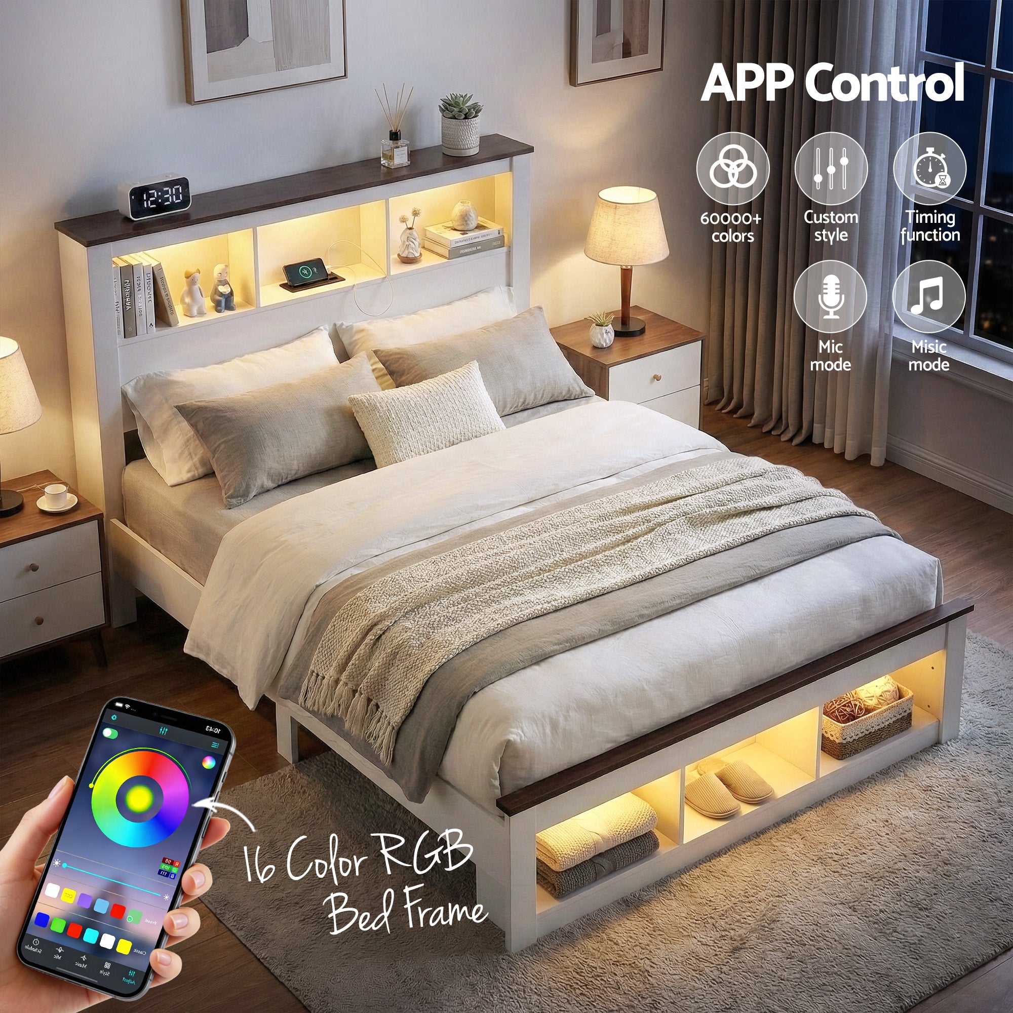 Artiss Double Bed Frame with Storage Bookcase Headboard and Footboard White Wooden Platform Bed with Charging Station and Led Light Bedroom Furniture Bedworld