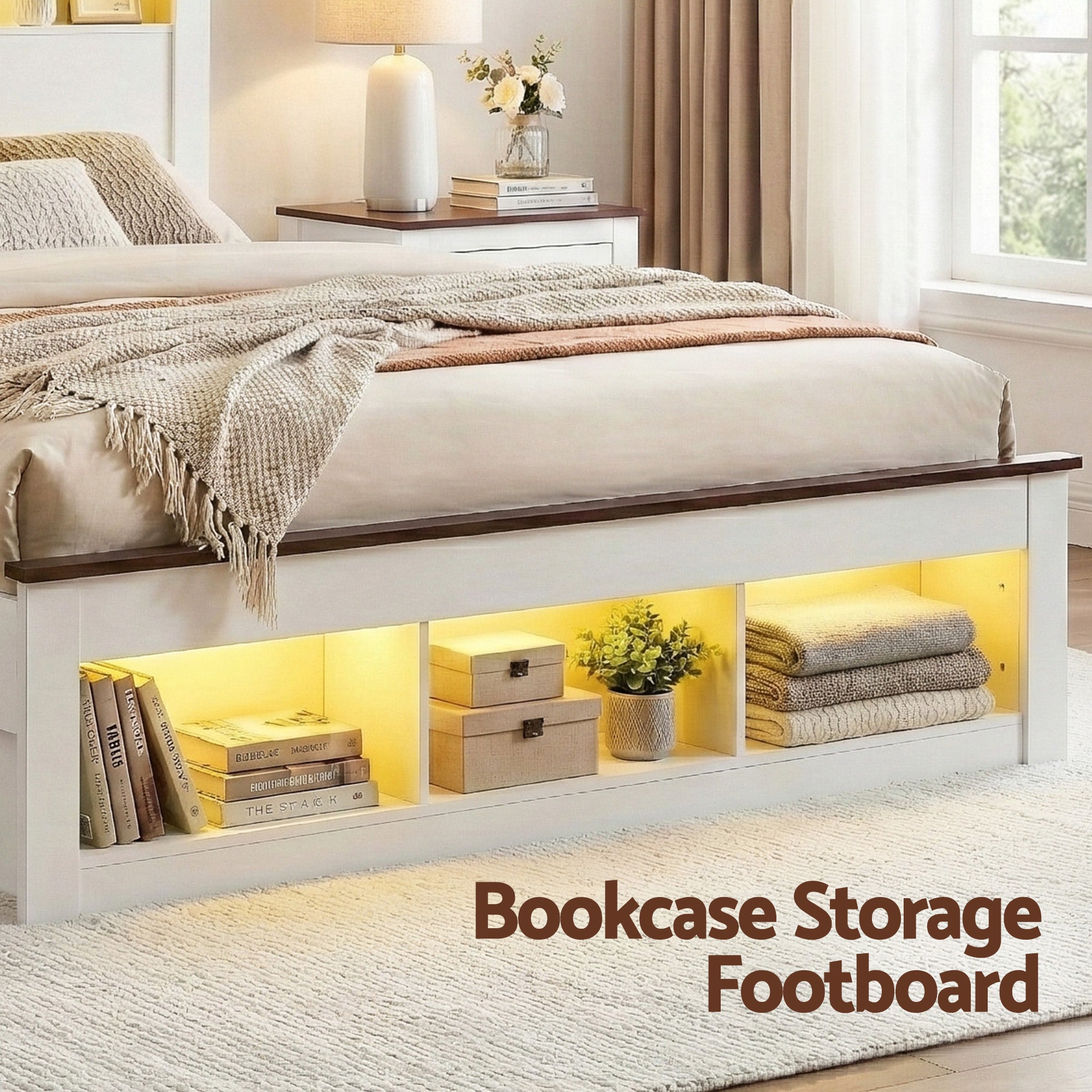 Artiss Double Bed Frame with Storage Bookcase Headboard and Footboard White Wooden Platform Bed with Charging Station and Led Light Bedroom Furniture Bedworld