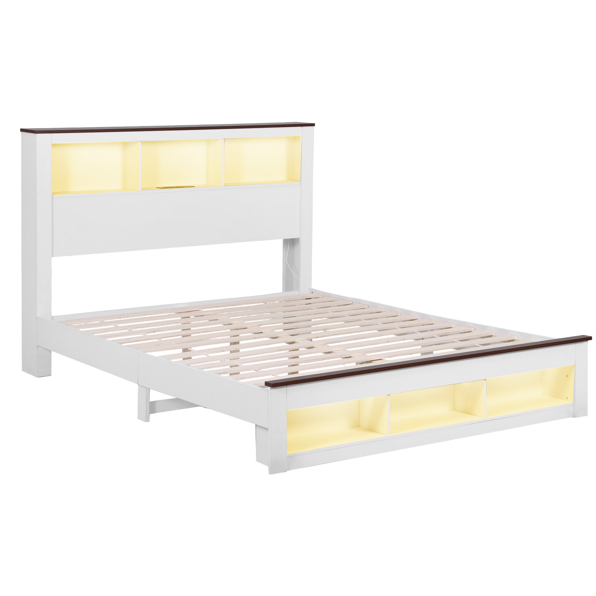 Artiss Double Bed Frame with Storage Bookcase Headboard and Footboard White Wooden Platform Bed with Charging Station and Led Light Bedroom Furniture Bedworld