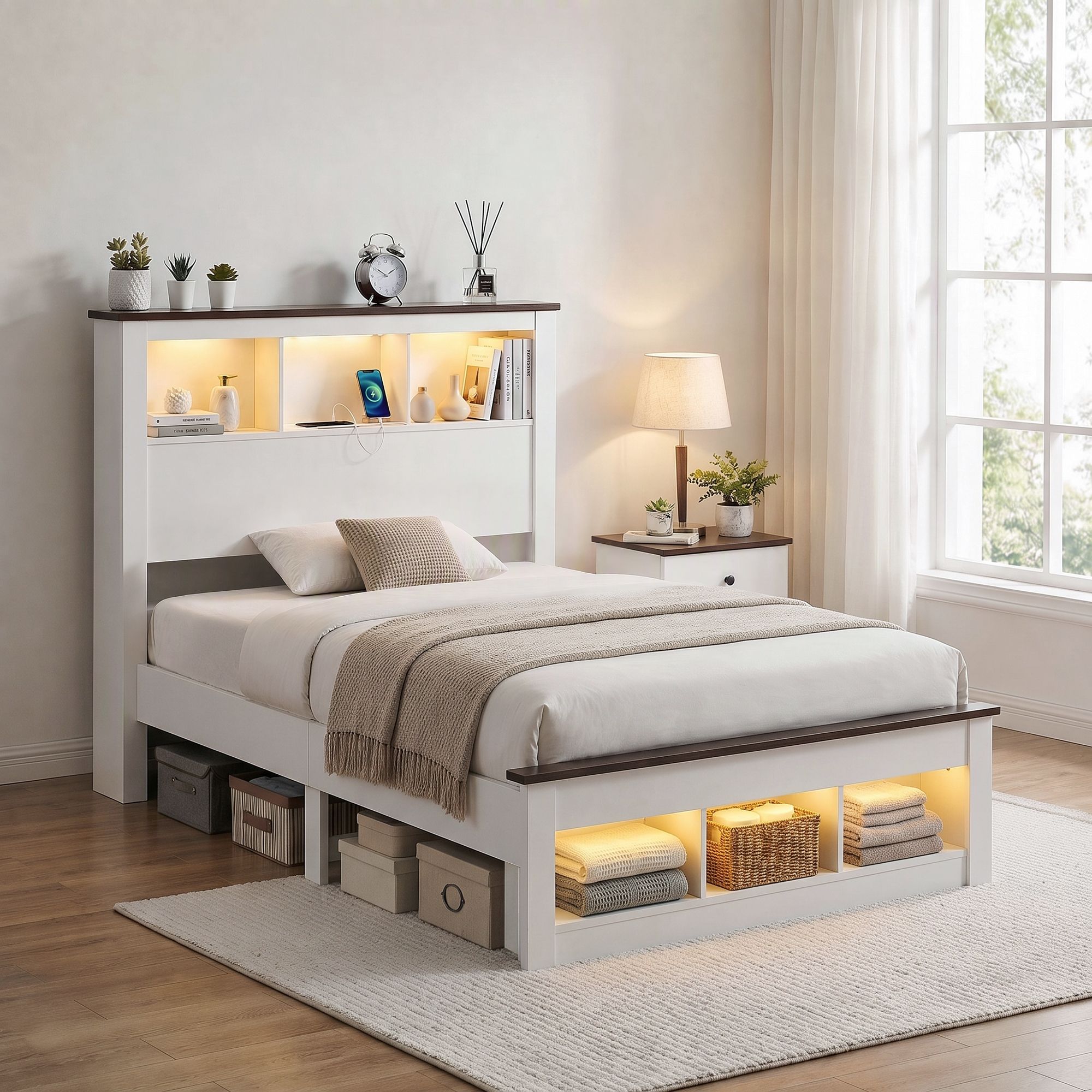 Artiss King Single Bed Frame with Storage Bookcase Headboard and Footboard, White Bedworld