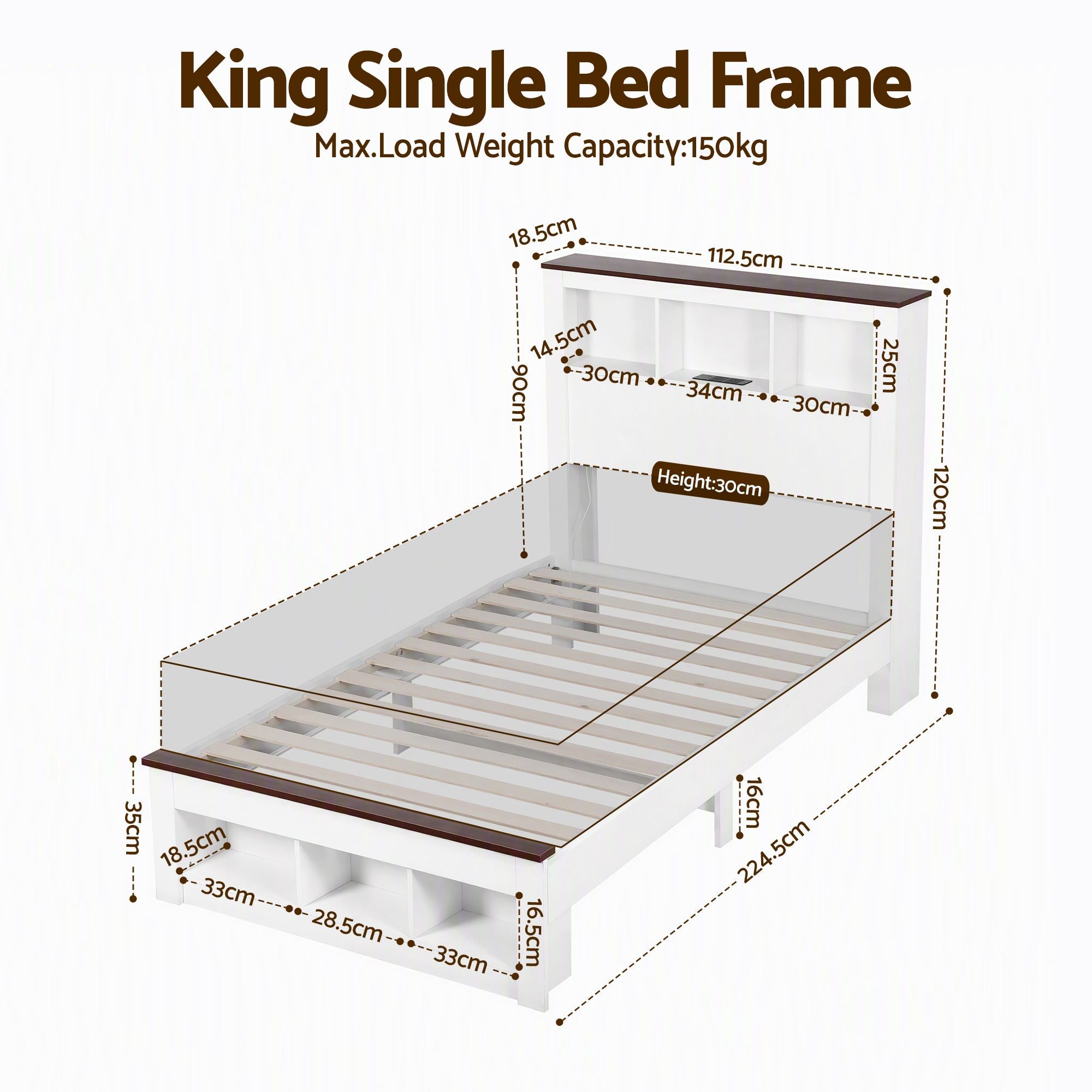 Artiss King Single Bed Frame with Storage Bookcase Headboard and Footboard, White Bedworld