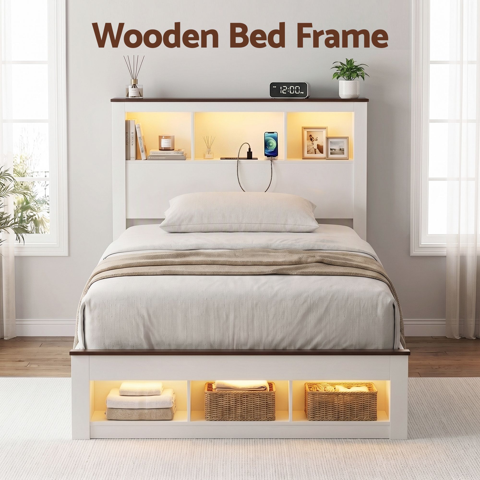 Artiss King Single Bed Frame with Storage Bookcase Headboard and Footboard, White Bedworld